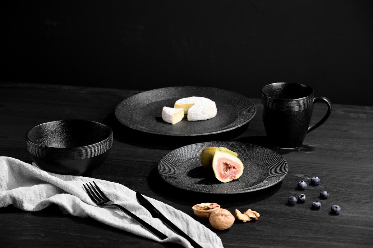 SERWIS OBIADOWO-ŚNIADANIOWY GROOVER - czarny, Lifestyle, ceramika (36.5/33.5/33.5cm) - Novel