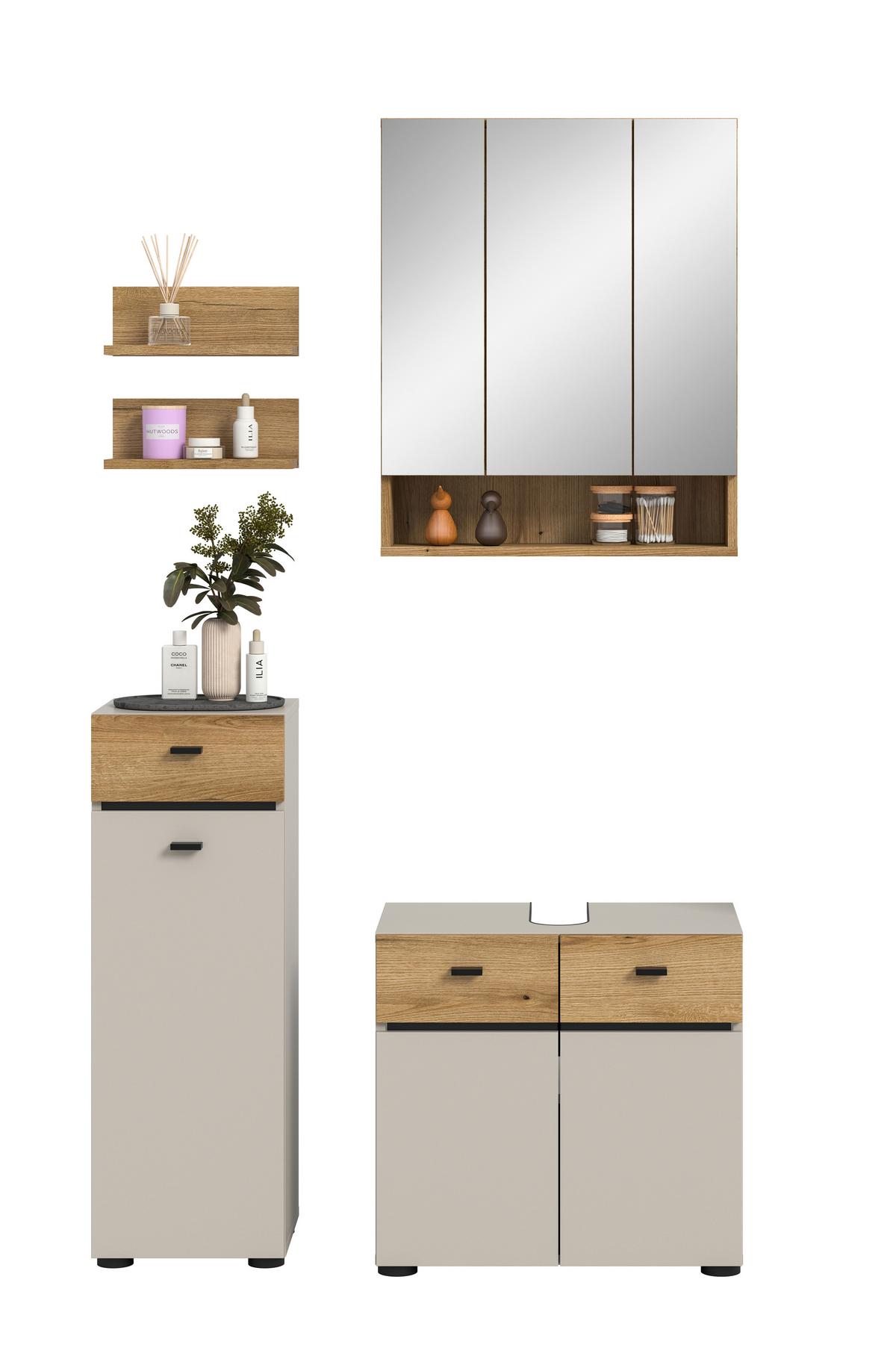Badezimmer Aqua Eichefarben/Kaschmir 4-teilig - Kaschmir/Eichefarben, Trend, Glas/Holzwerkstoff (92cm) - MID.YOU