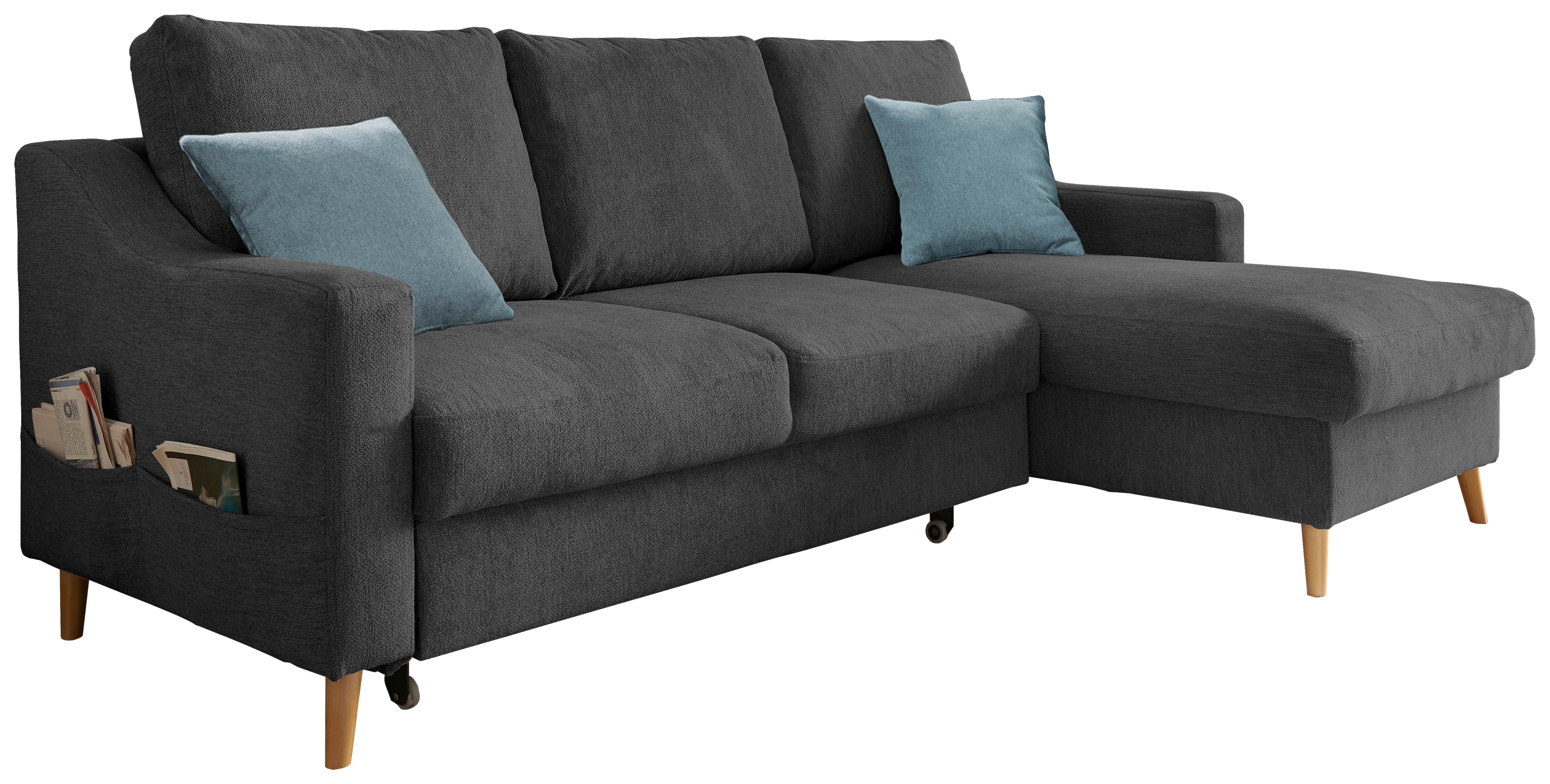 Wohnlandschaft Valentina Schwarz Mikrofaser - Blau/Schwarz, Design, Holz/Textil (228/150cm) - MID.YOU