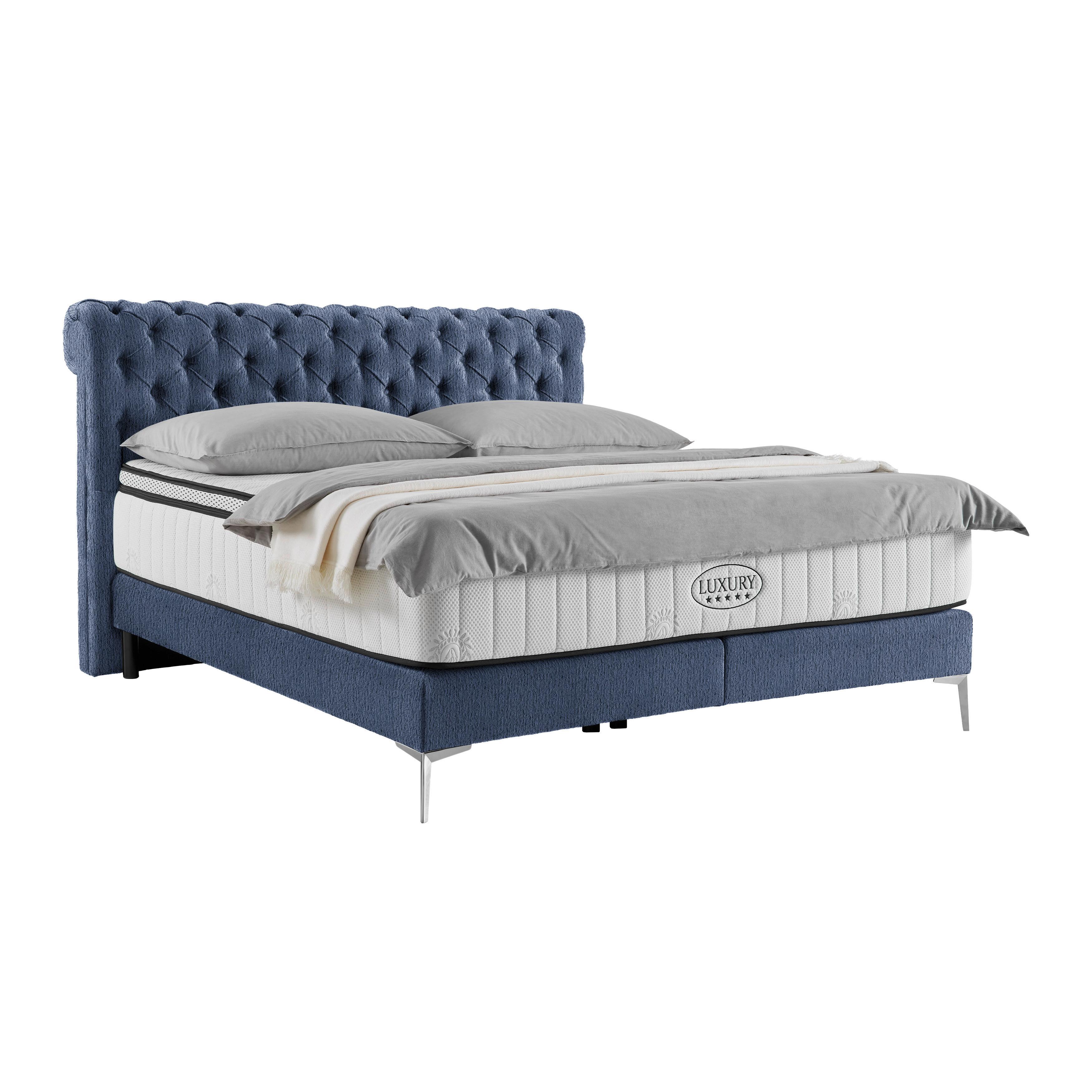 Boxspringbett Queen in Dunkelblau ca. 180x200cm - Chromfarben/Goldfarben, KONVENTIONELL, Textil (180/200cm) - Premium Living