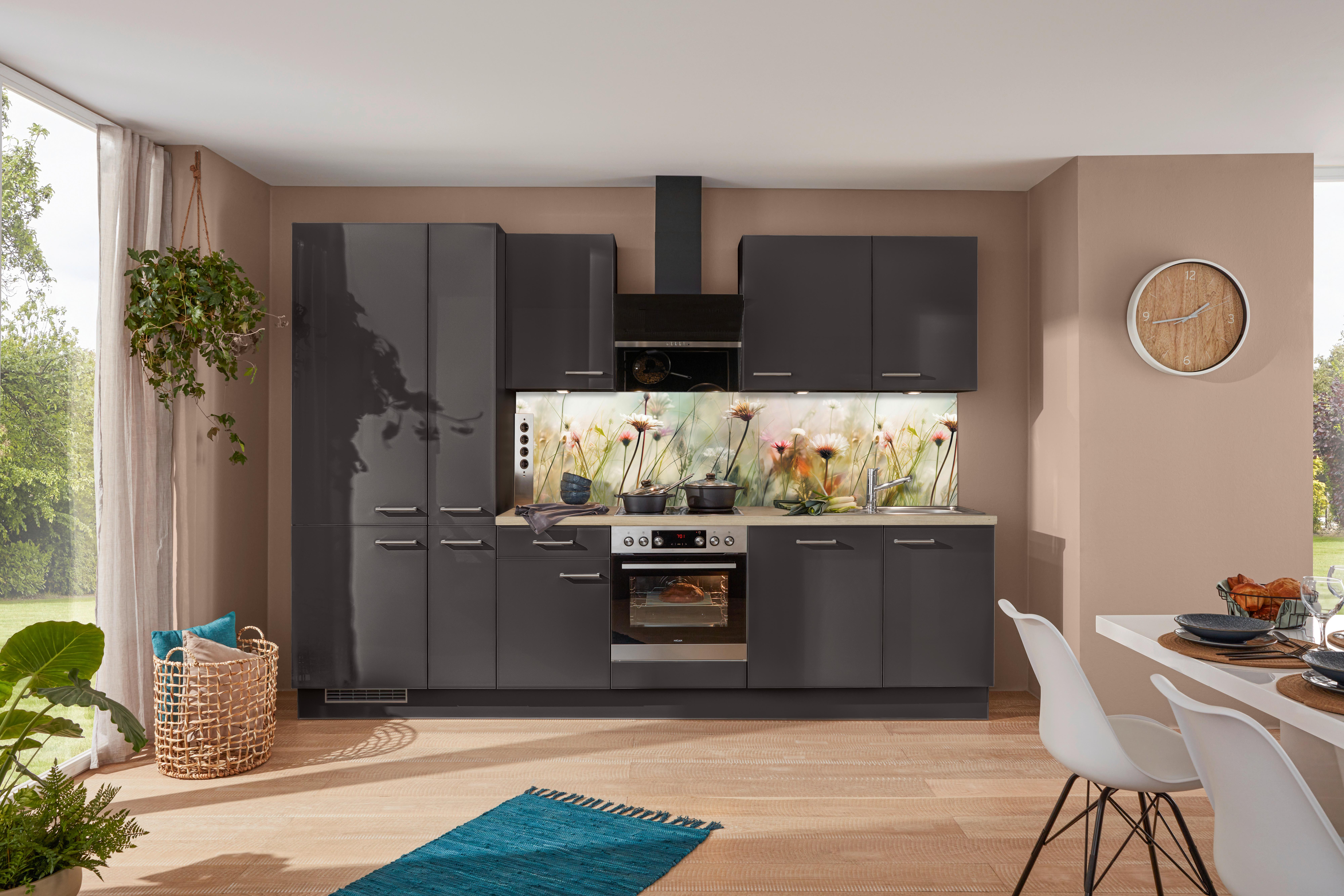 Küchenblock IP4050 in Grafit Hochglanz - Graphitfarben/Weiß, MODERN, Holzwerkstoff/Metall (310cm) - Impuls