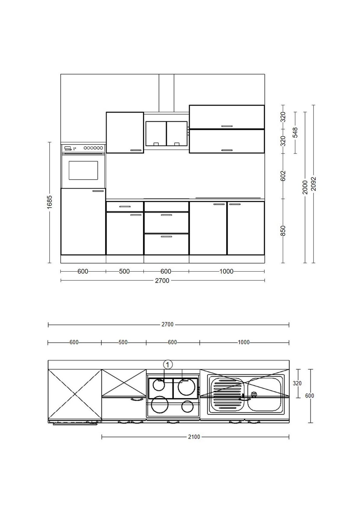 Küchenblock Lucca mit Geräten ca. 270 cm Weiß - Graubraun/Alufarben, KONVENTIONELL, Holzwerkstoff/Kunststoff (270cm) - FlexWell