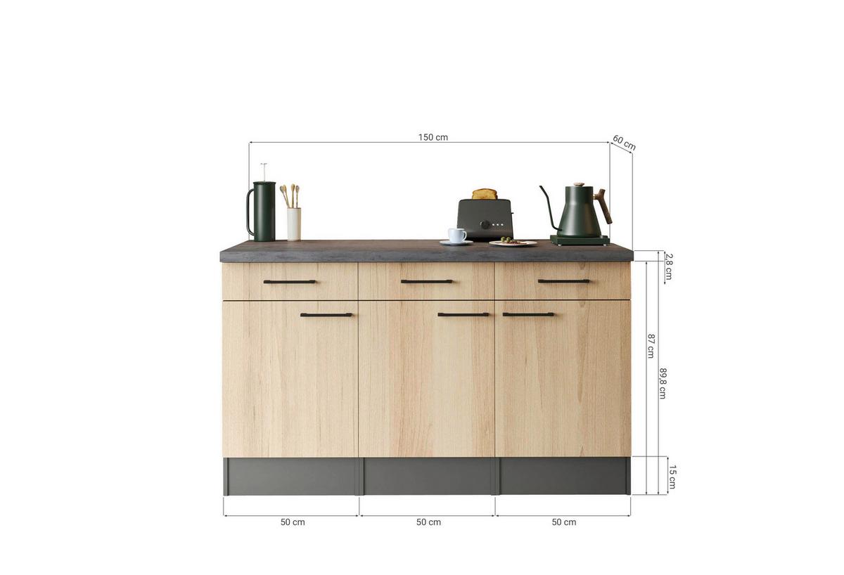 Küchenunterschrank Oliver Eiche - Schwarz/Eiche Artisan, Trend, Holzwerkstoff/Metall (150/90/60cm) - Respekta