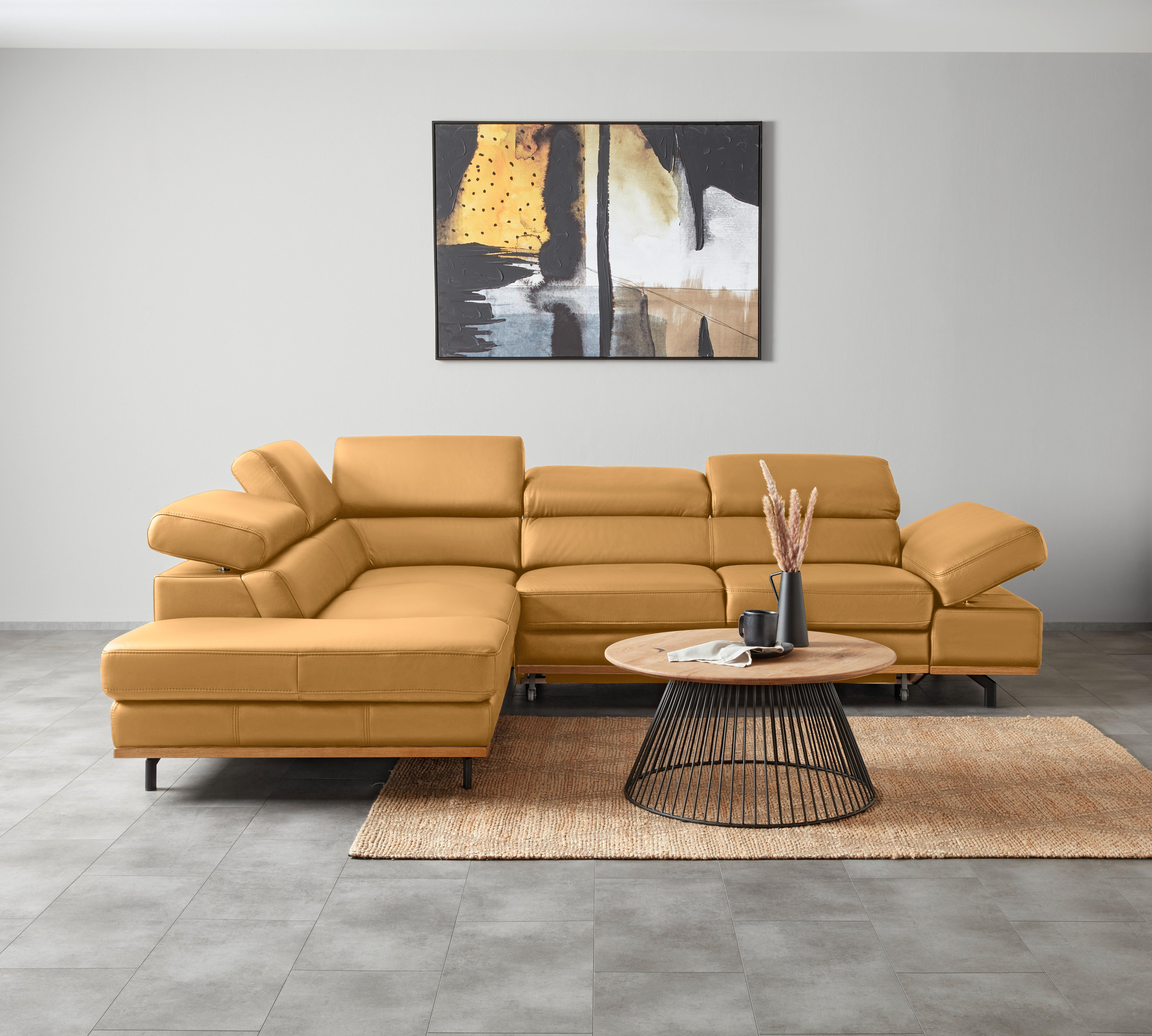 Wohnlandschaft Carmen links Senfgelb - Senfgelb/Schwarz, MODERN, Leder/Holz (292/72/226cm) - Premium Living