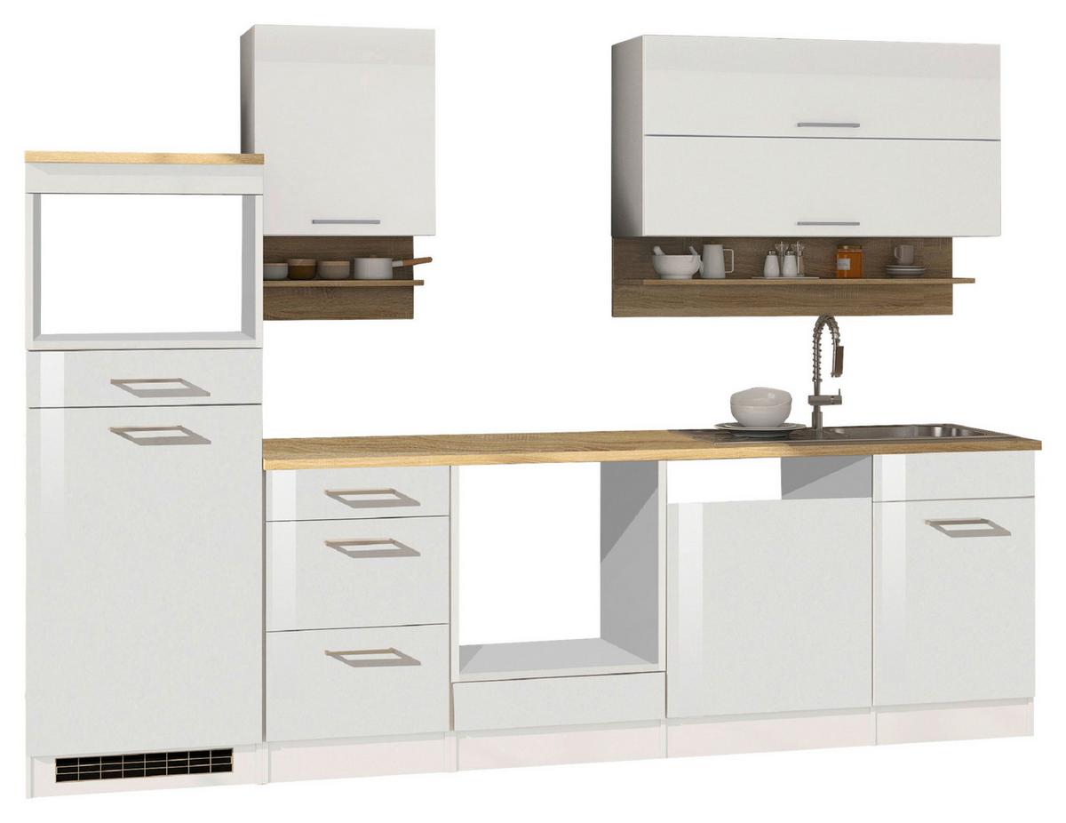 Küchenleerblock Mailand o. Geräte Weiß Hochglanz - Weiß Hochglanz/Silberfarben, MODERN, Glas/Holzwerkstoff (280cm) - Held