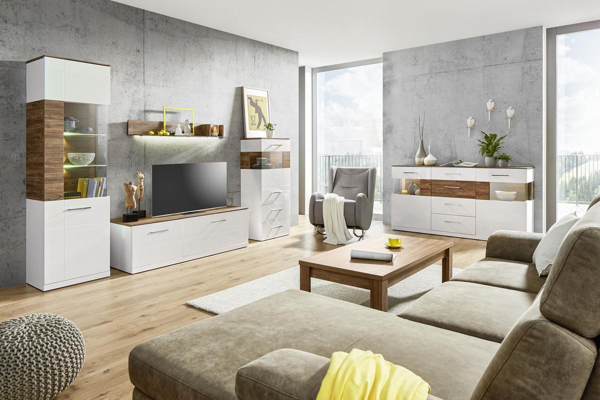 TV-Möbel in Weiss Hochglanz - Weiss/Akaziefarben, Modern, Holz (160/49/50cm) - Premium Living