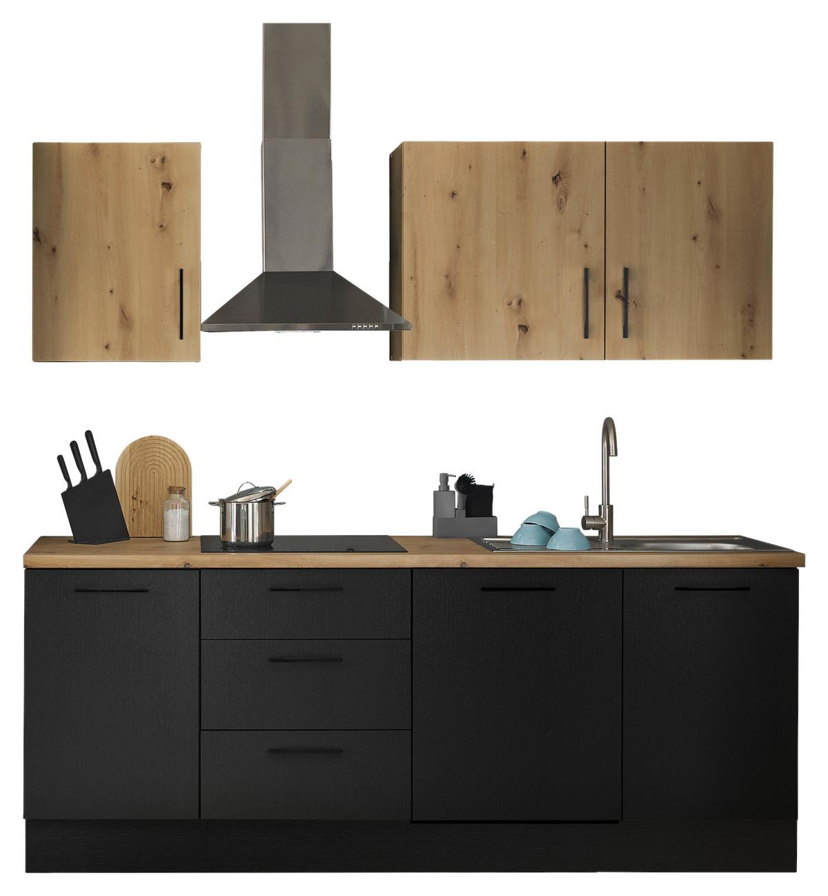 Küchenblock TURIN 220cm schwarz/Artisan ohne Geräte - Schwarz/Eiche Artisan, MODERN, Holzwerkstoff/Metall (220cm)