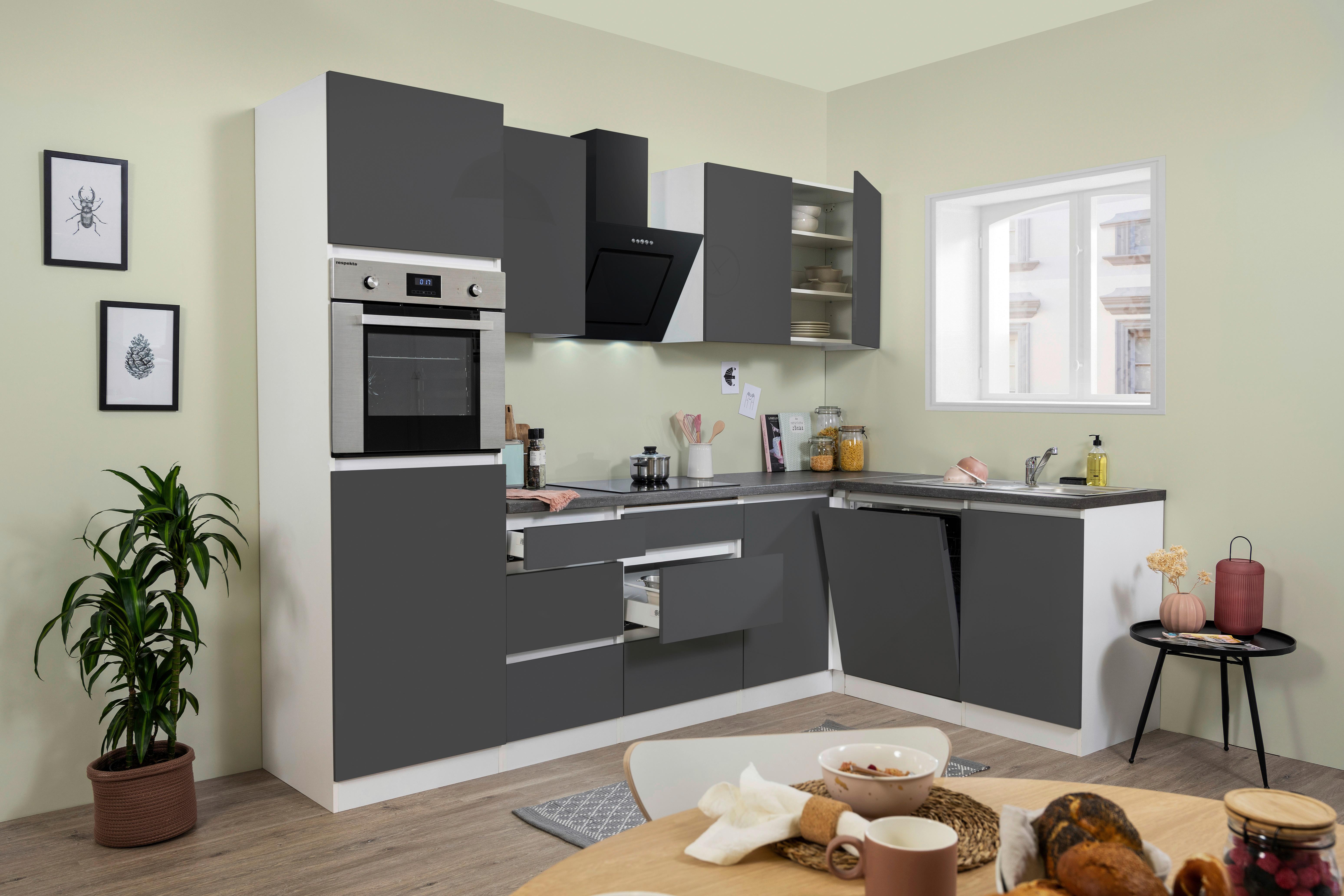 Eckküche Premium Grau Hochglanz ca. 280x172 cm - Grau Hochglanz/Weiß, MODERN, Holzwerkstoff (280/172cm) - Respekta
