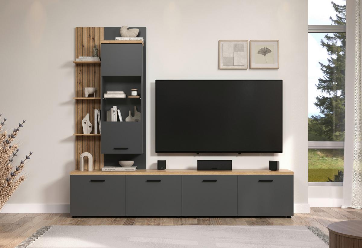 WOHNWAND BAGGIO - Eichefarben/Anthrazit, Design, Glas/Holzwerkstoff (240/212/40cm) - MID.YOU