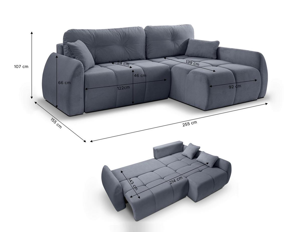 Ecksofa Sancho Long Blaugrau - Blaugrau/Schwarz, Basics, Holz/Kunststoff (255/155cm) - MID.YOU