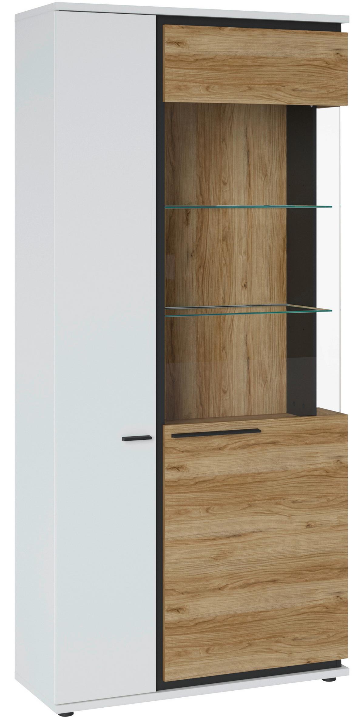 VITRINĂ SALINAS - alb/culoare lemn stejar, Trend, sticlă/material pe bază de lemn (93/199,3/37cm) - Modern Living