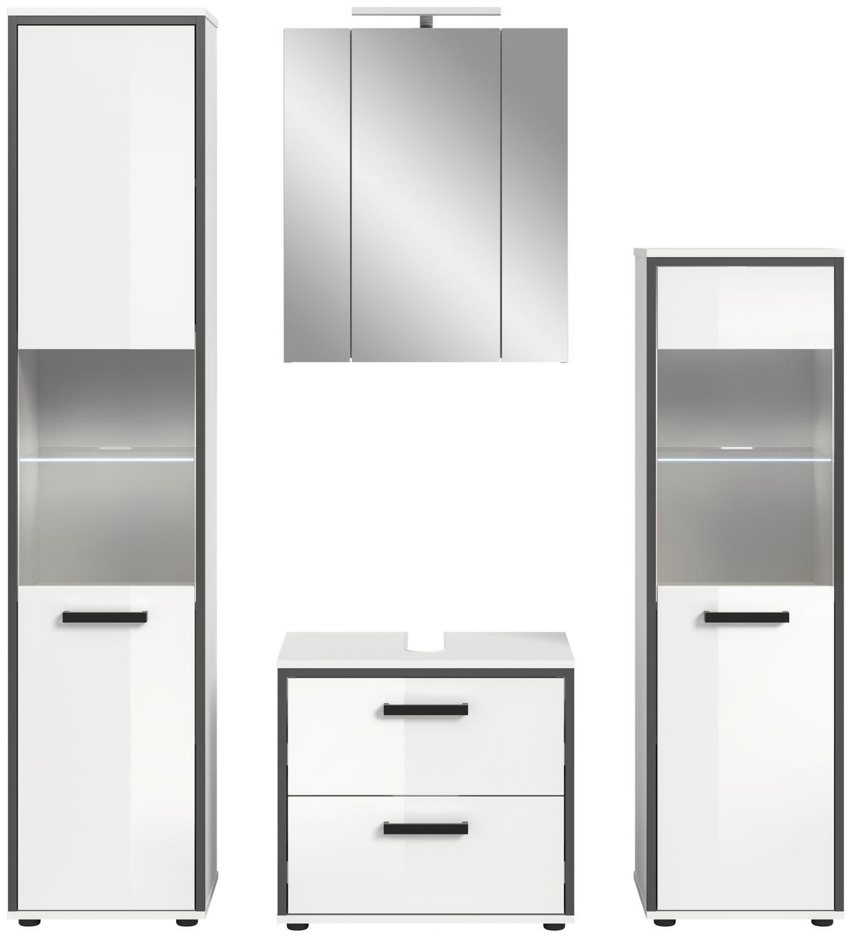 Badezimmer Kojak 4-tlg. Weiß/Anthrazit m. LED - Weiß Hochglanz/Schwarz, MODERN, Holzwerkstoff/Kunststoff (140cm) - MID.YOU