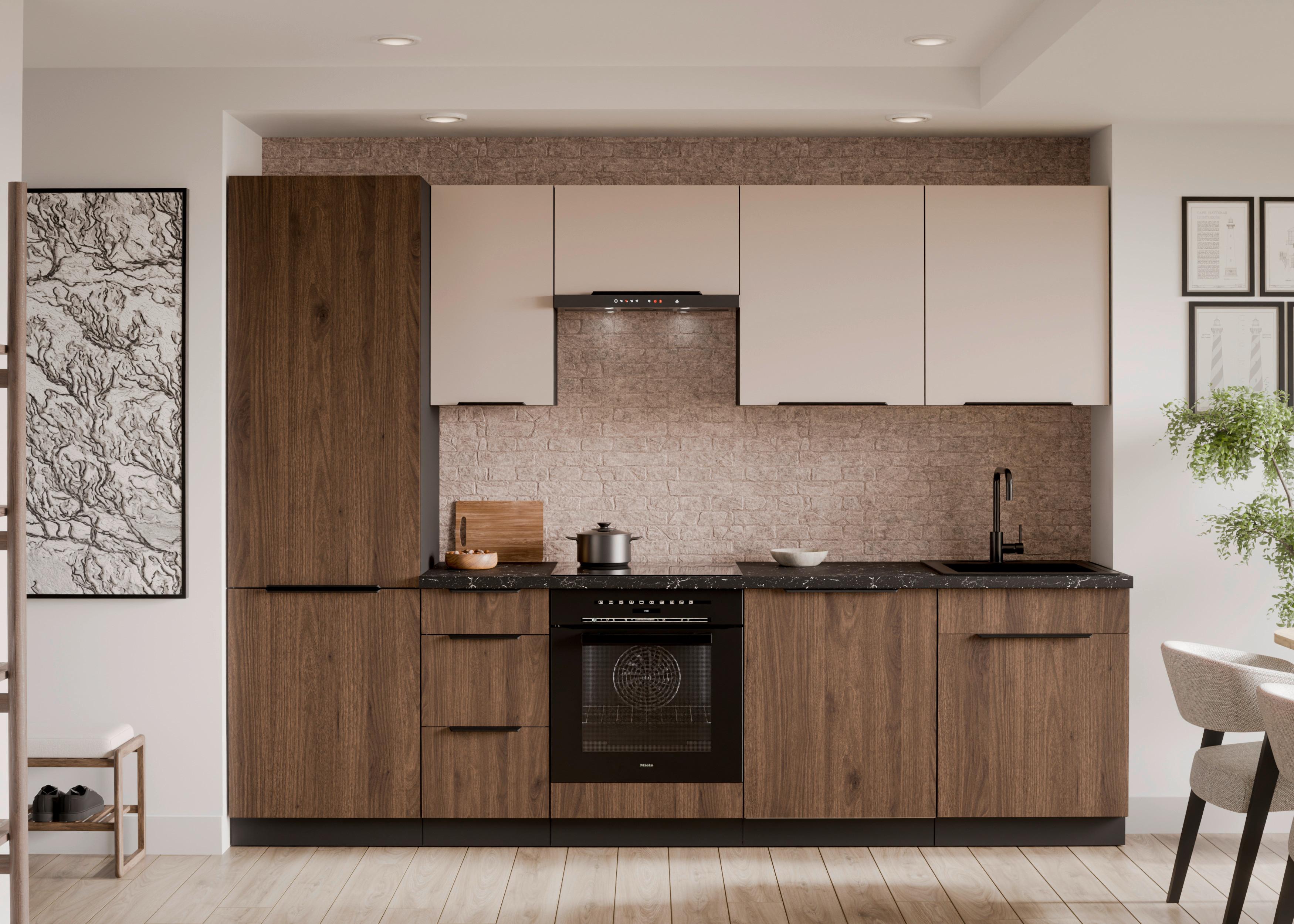 Bucatarie fara electrocasnice MONZA/ARONA - cașmir/culoare lemn de nuc, Modern, material pe bază de lemn (280/210/60cm) - Modern Living