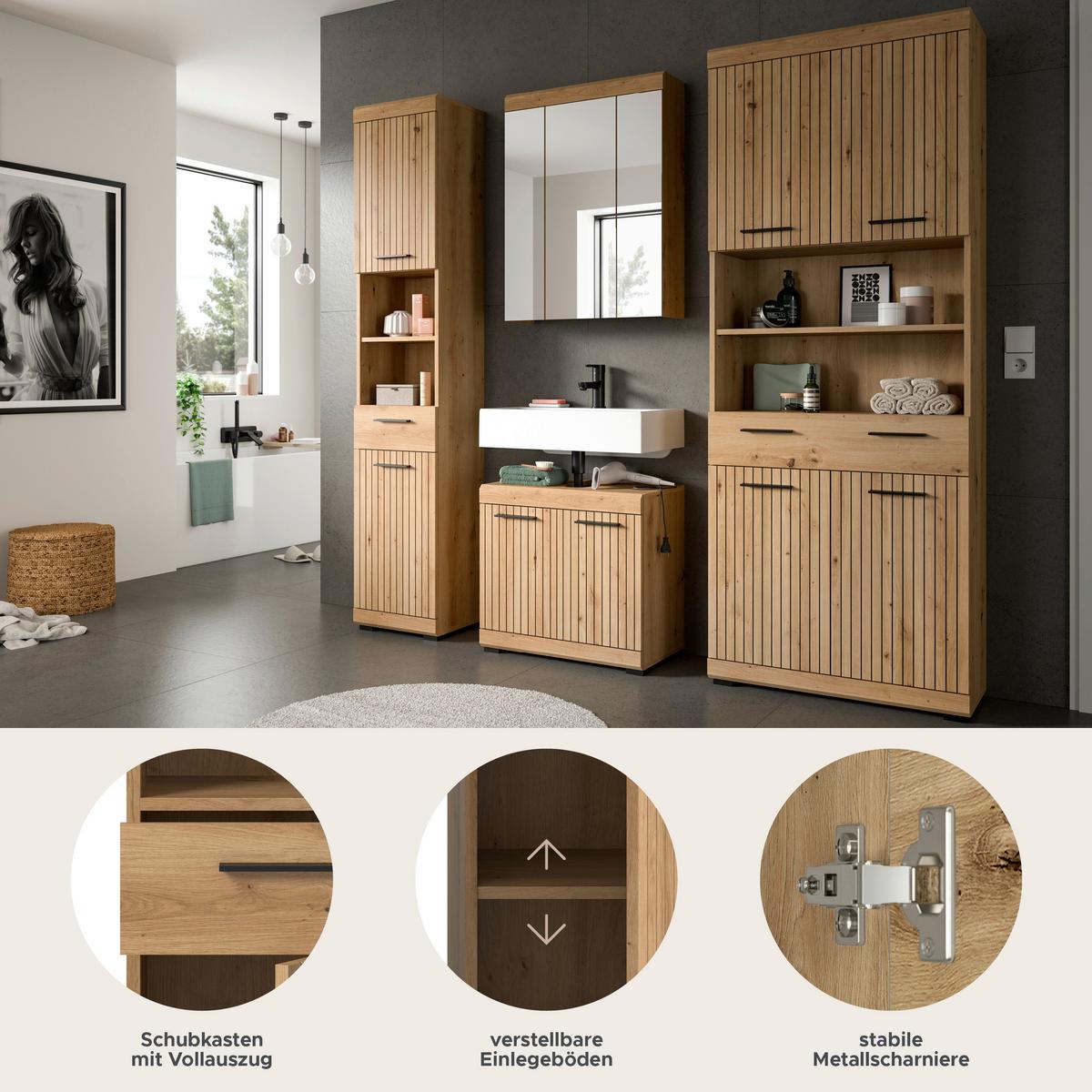 Badezimmer Scout Eiche Artisan 4-teilig - Schwarz/Eiche Artisan, Trend, Glas/Holzwerkstoff (171cm) - MID.YOU