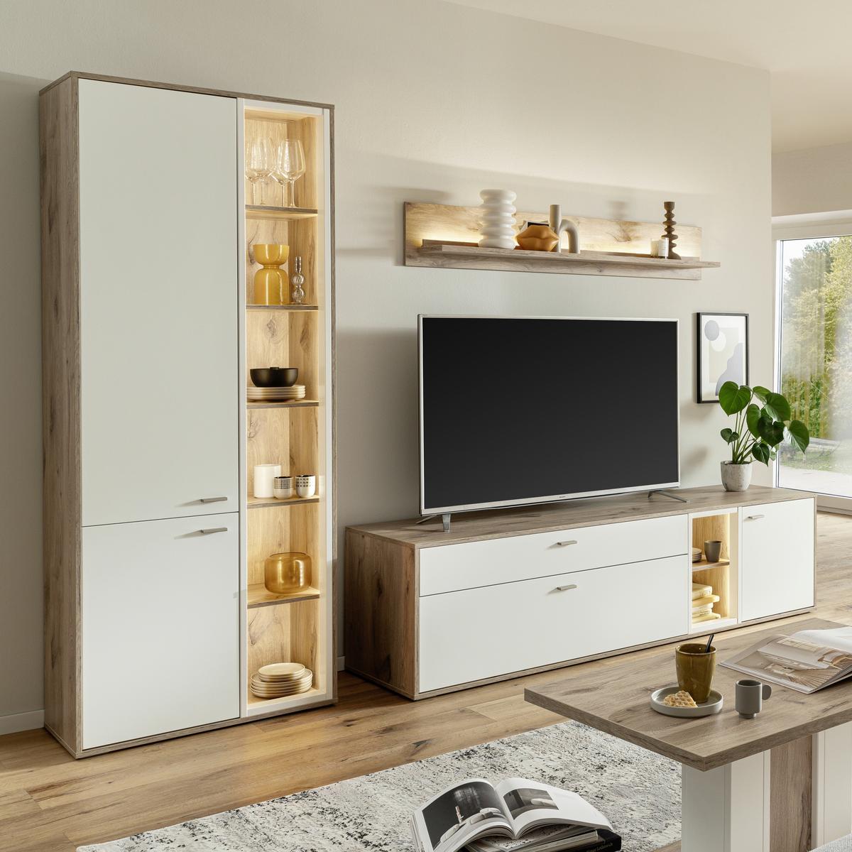 Vitrine Santerno Weiß/Eichefarben - Eichefarben/Weiß, KONVENTIONELL, Holzwerkstoff/Metall (78/197/37cm) - Mömax