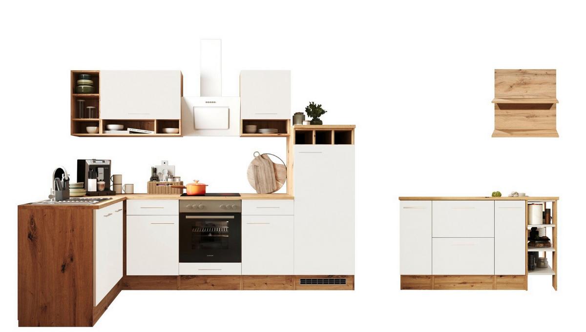 Eckküche Hilde m. Insel m. Geräten ca.280cm Eiche/Weiß - Wildeiche/Alufarben, Design, Holzwerkstoff/Metall (280/172cm) - Respekta