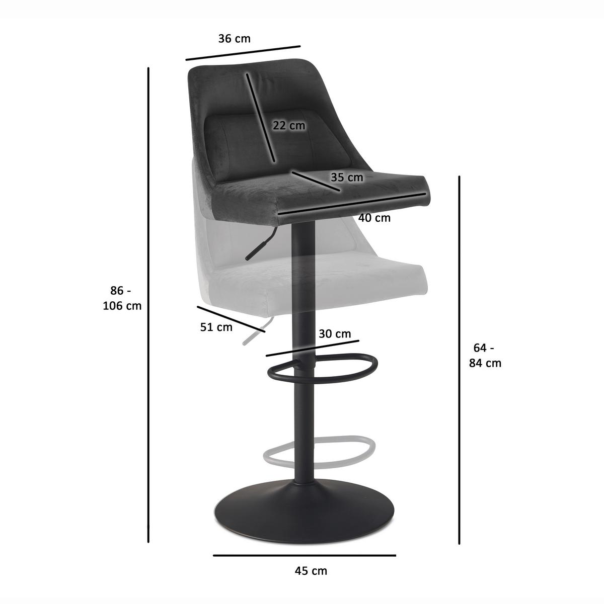TABOURET DE BAR WL6.999 - gris/noir, Design, textile/métal (45/106/51cm) - MID.YOU
