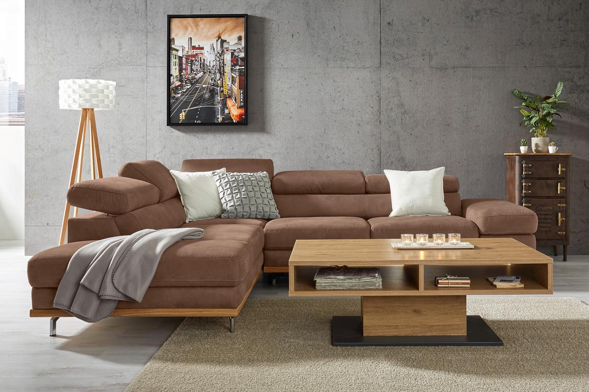 Wohnlandschaft Carmen Braun mit Bettfunktion - Chromfarben/Braun, KONVENTIONELL, Holz/Textil (226/93/292cm) - Based