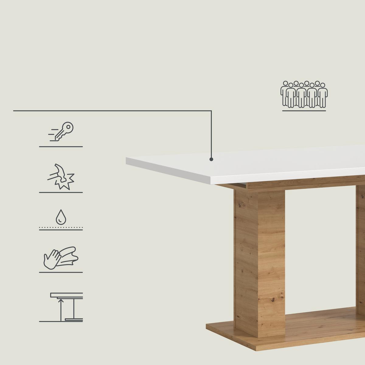 Raztegljiva Miza Marlon, Bela, Barva Hrasta, 150-190x90cm - bela/hrast artisan, Konvencionalno, leseni material (150-190/90/76cm) - MID.YOU
