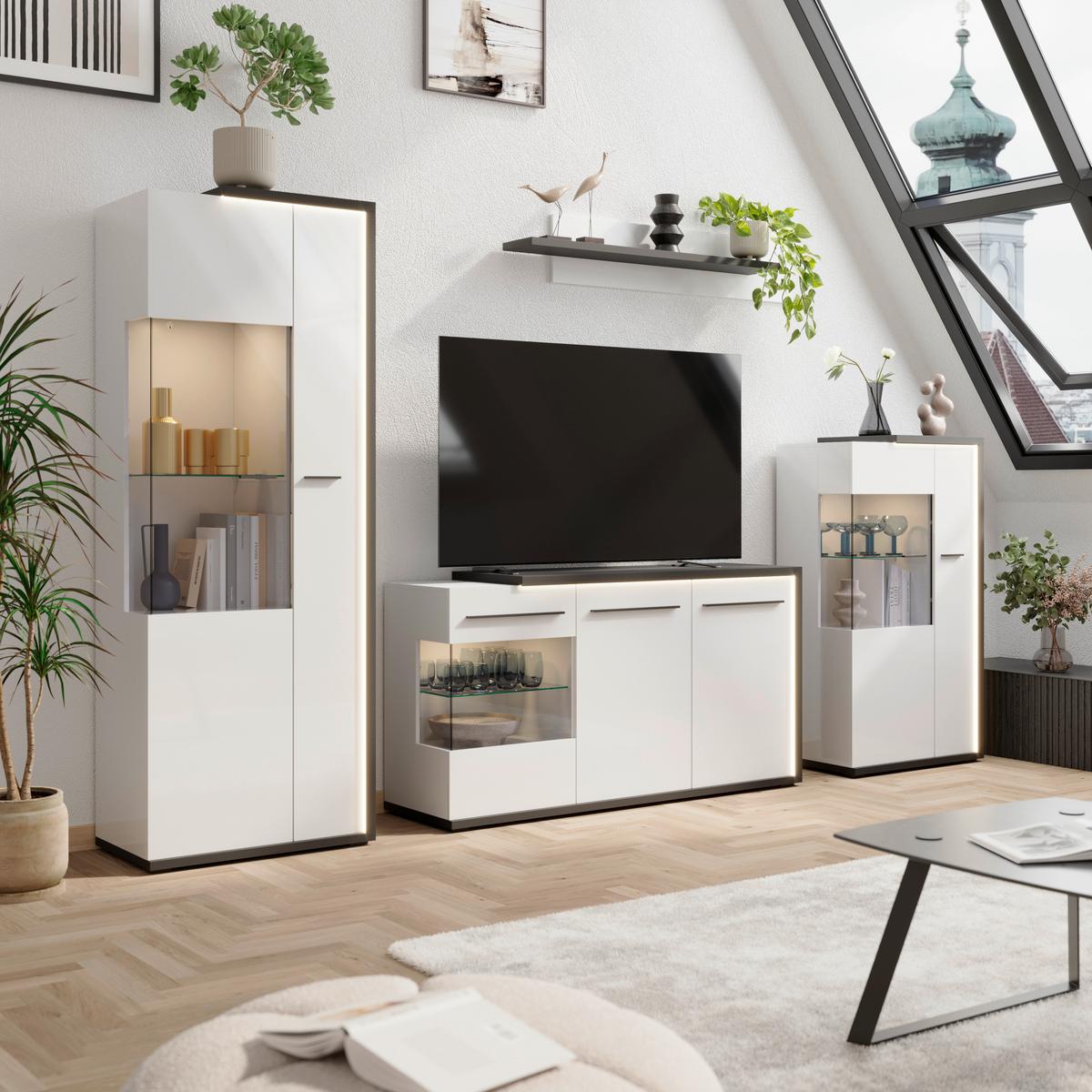 Komoda Ambiente Plus - bijela/bijela visoki sjaj, Moderno, staklo/drvni materijal (153,4/81,6/43,6cm) - Modern Living