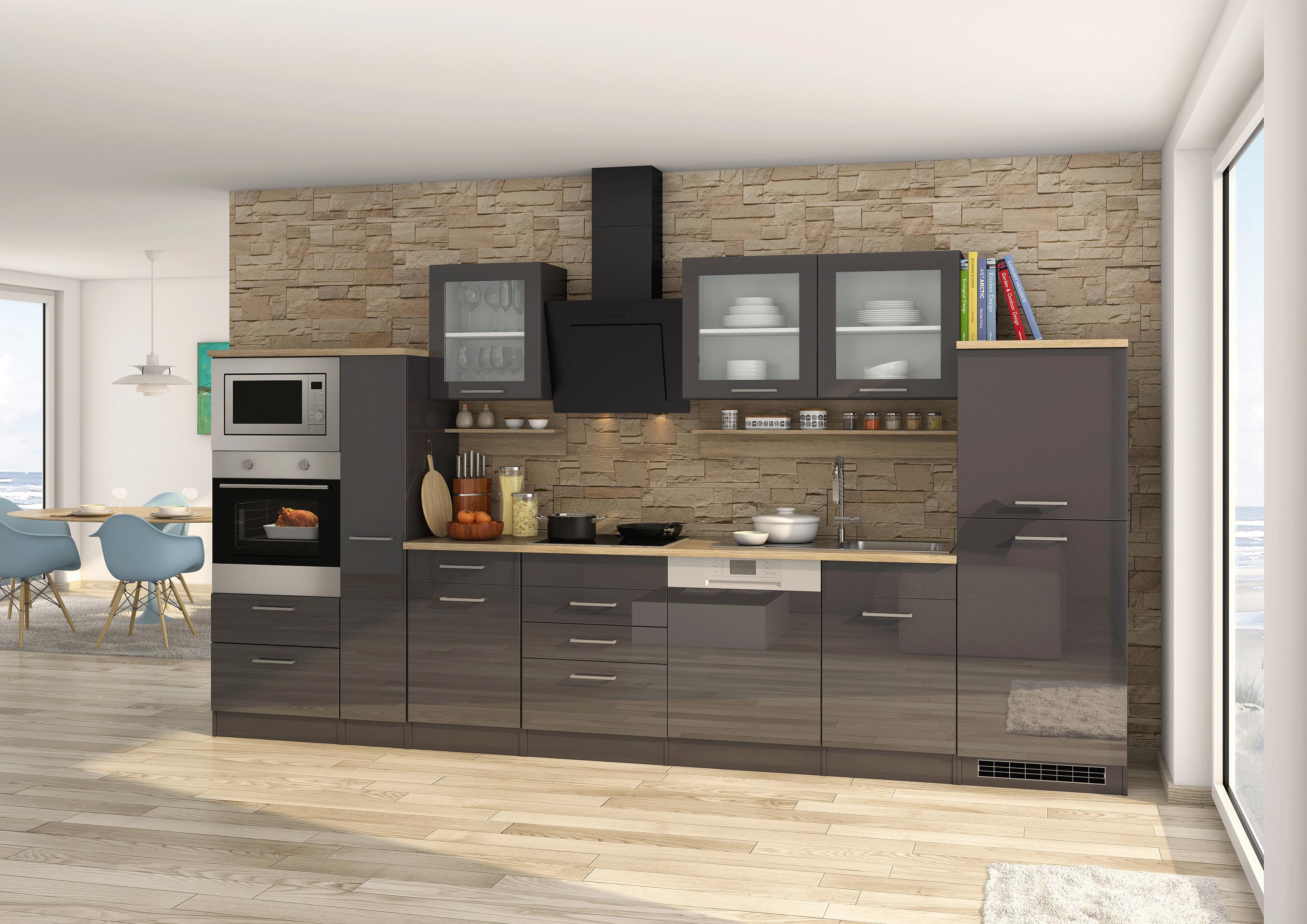Küchenblock Mailand m. Geräten Graphitfarben - Silberfarben/Graphitfarben, MODERN, Glas/Holzwerkstoff (370cm) - Held