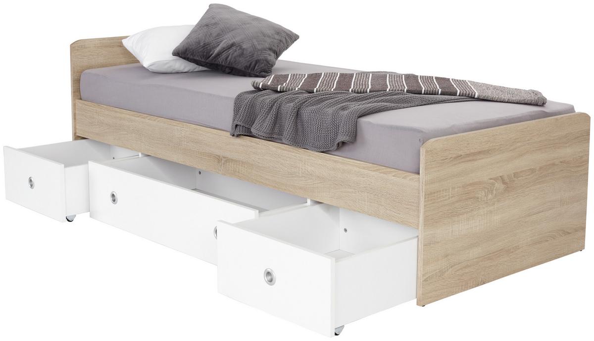 Stauraumbett Wiki ca. 204x95 cm Weiß/Eiche - Weiß/Sonoma Eiche, KONVENTIONELL, Holzwerkstoff (90/200cm) - MID.YOU