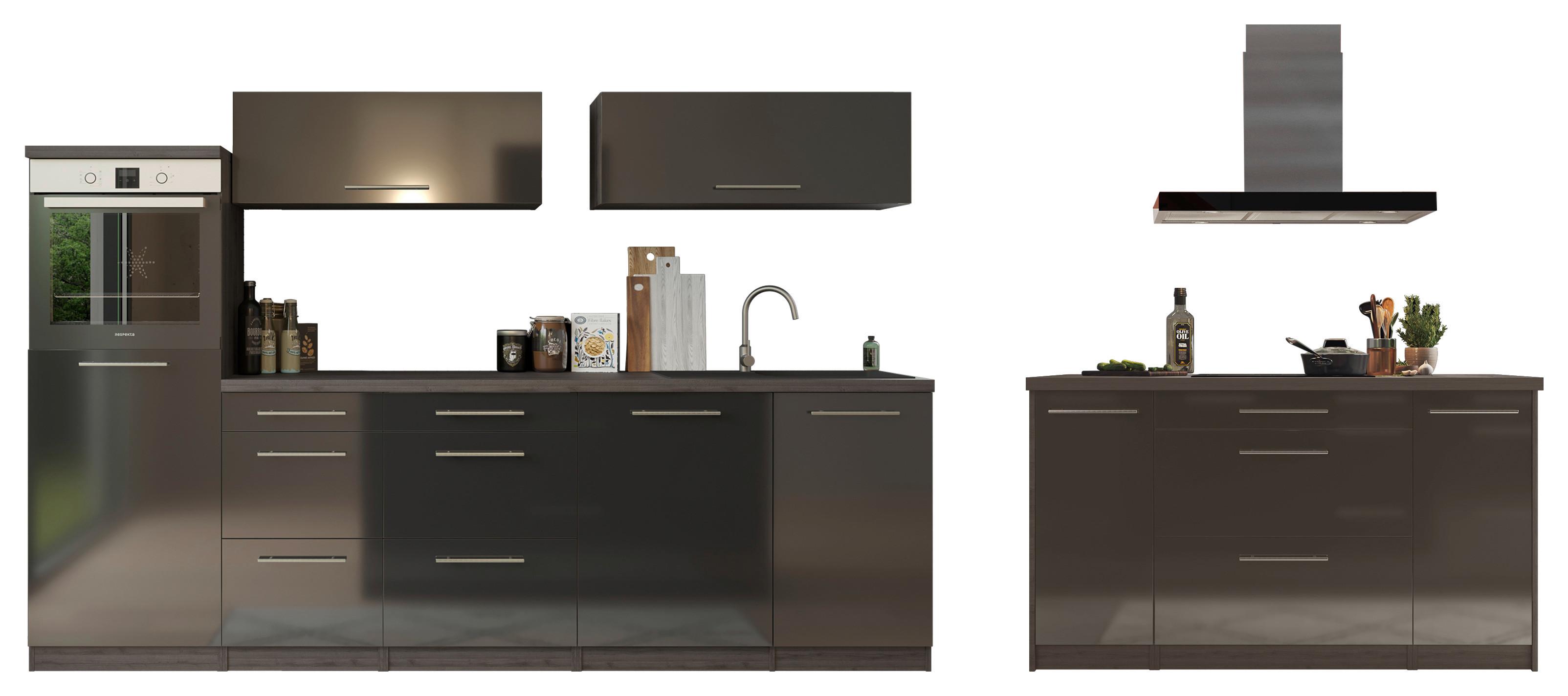 Inselküche Premium Schwarz m. Geräten B: ca. 280 cm - Eichefarben/Schwarz, Basics, Holzwerkstoff/Metall (280/160cm) - Respekta