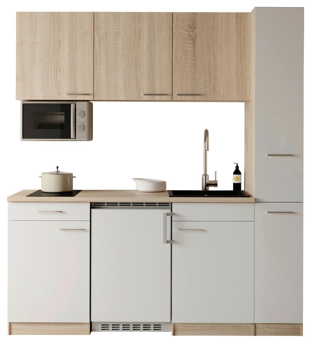 Küchenblock Ingrid m. Geräten Weiß - Eichefarben/Alufarben, Design, Holzwerkstoff/Kunststoff (180cm) - Respekta