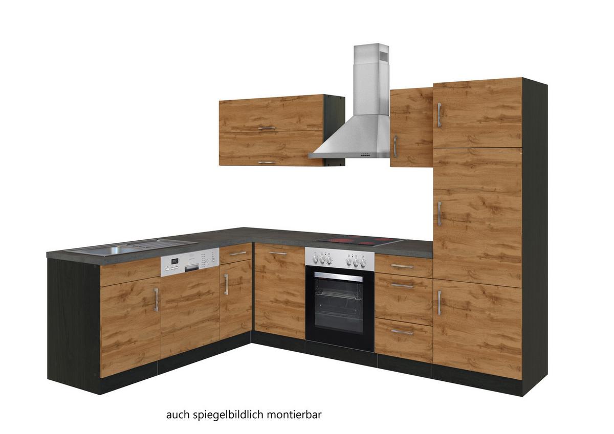 Eckküche Winkelblock mit Geräten ca. 210x270 cm Eiche - Chromfarben/Schieferfarben, MODERN, Holzwerkstoff/Metall (210/270cm) - Held