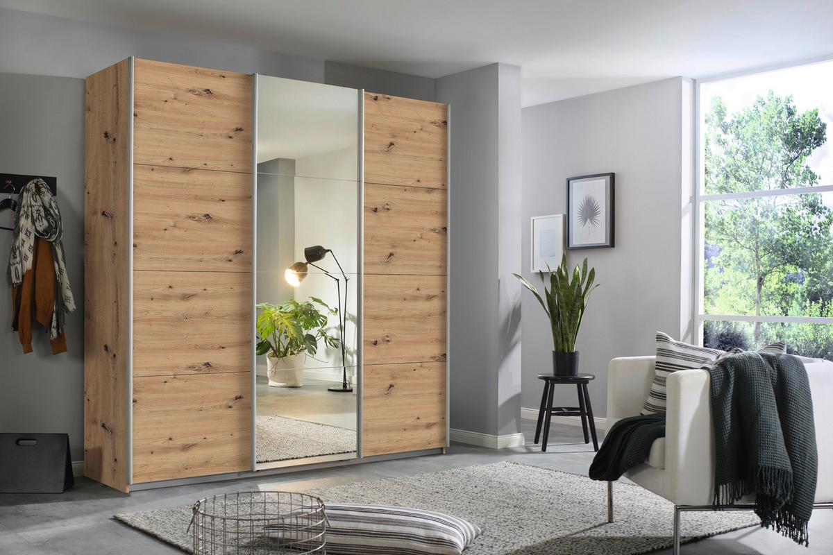 DULAP USI CULISANTE KULMBACH - culoare lemn stejar, Konventionell, sticlă/material pe bază de lemn (203/210/62cm) - Modern Living
