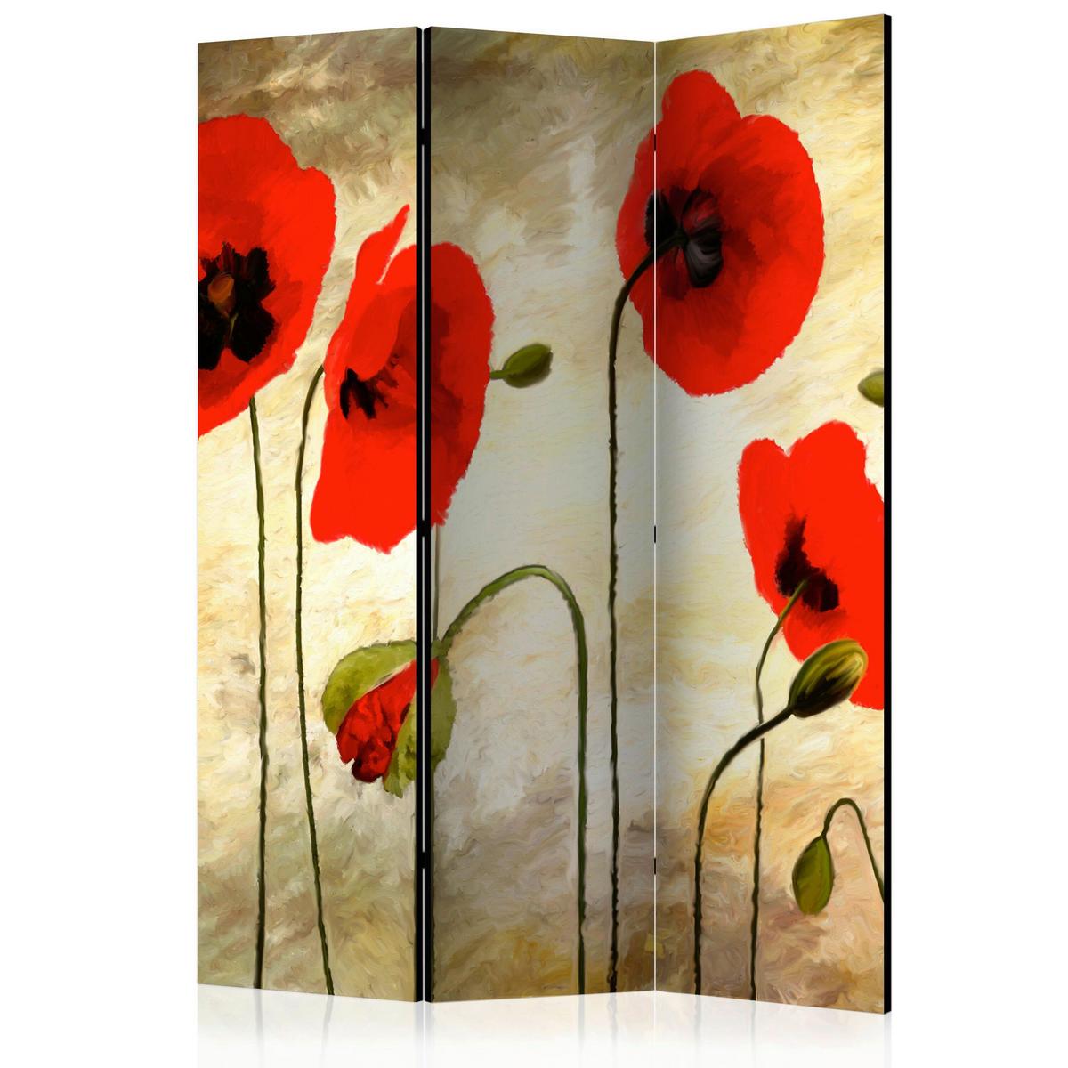 Paravan Golden Field Of Poppies, 3-Delni, Dvostranski - svetlo rjava/rdeča, Basics, tekstil/les (135/172/3cm) - artgeist