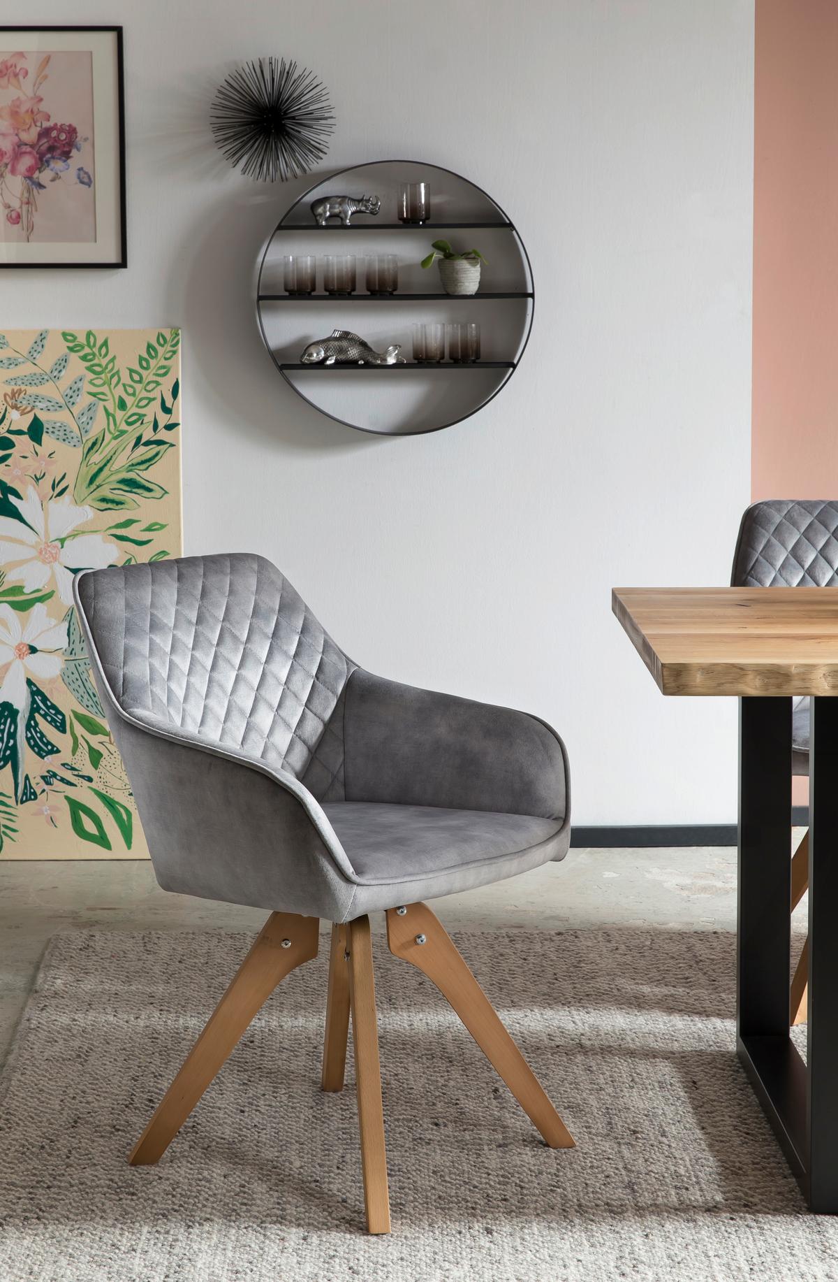 Naslanjač Samt, Siva, Vrtljiv - siva/barve hrasta, Moderno, tekstil/les (59/85/61cm) - Livetastic