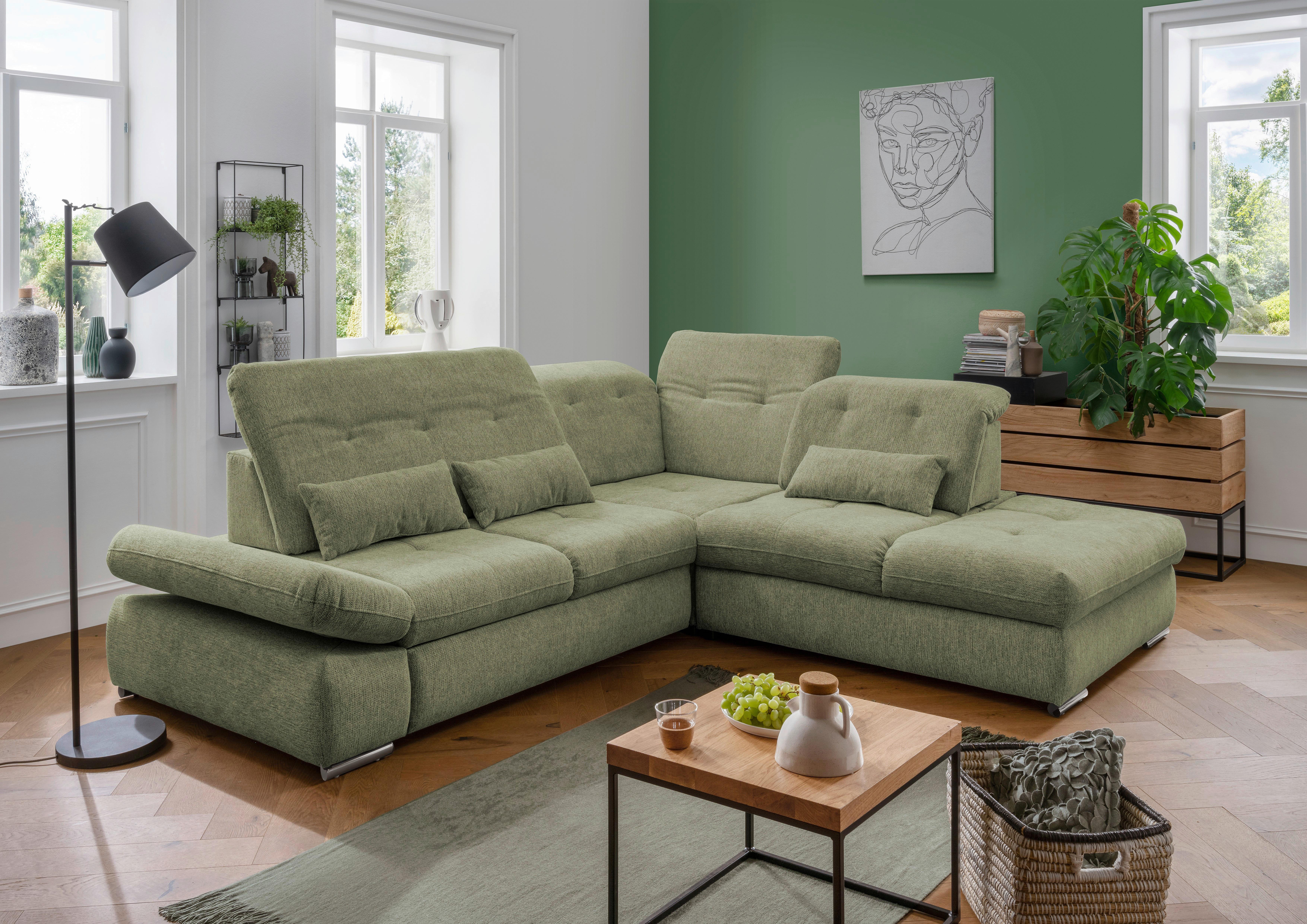 Wohnlandschaft Dalida Grün Chenille - Chromfarben/Grün, Design, Textil/Metall (280/254cm) - Livetastic