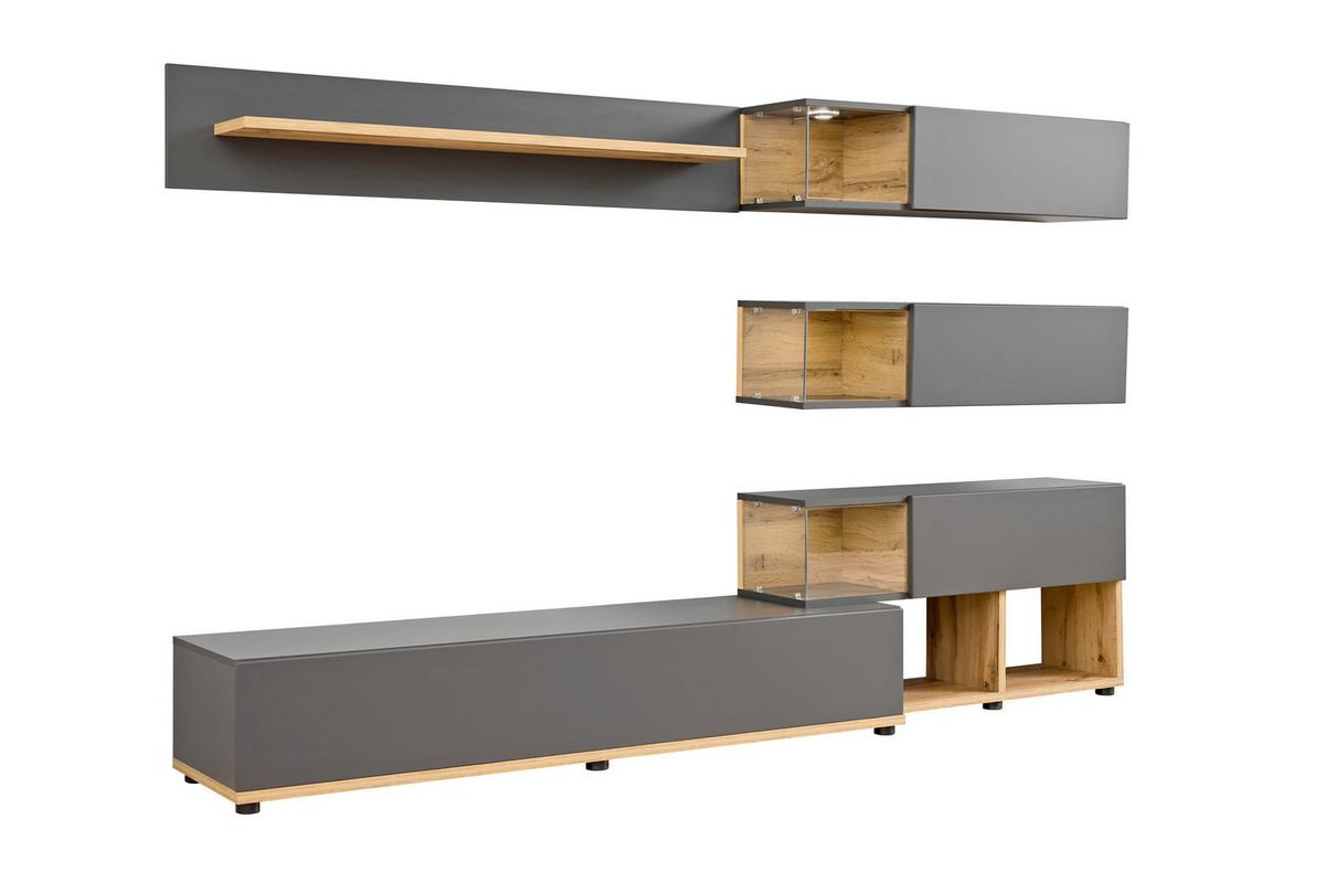 Ansamblu mobilier camera de zi SILK - antracit/stejar Wotan, Modern, sticlă/material pe bază de lemn (240/150/40cm) - Bessagi