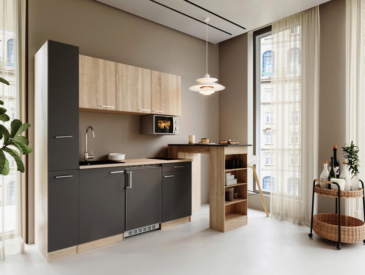 Küchenblock Ingrid m. Geräten Grau - Eichefarben/Alufarben, Design, Holzwerkstoff/Kunststoff (180cm) - Respekta
