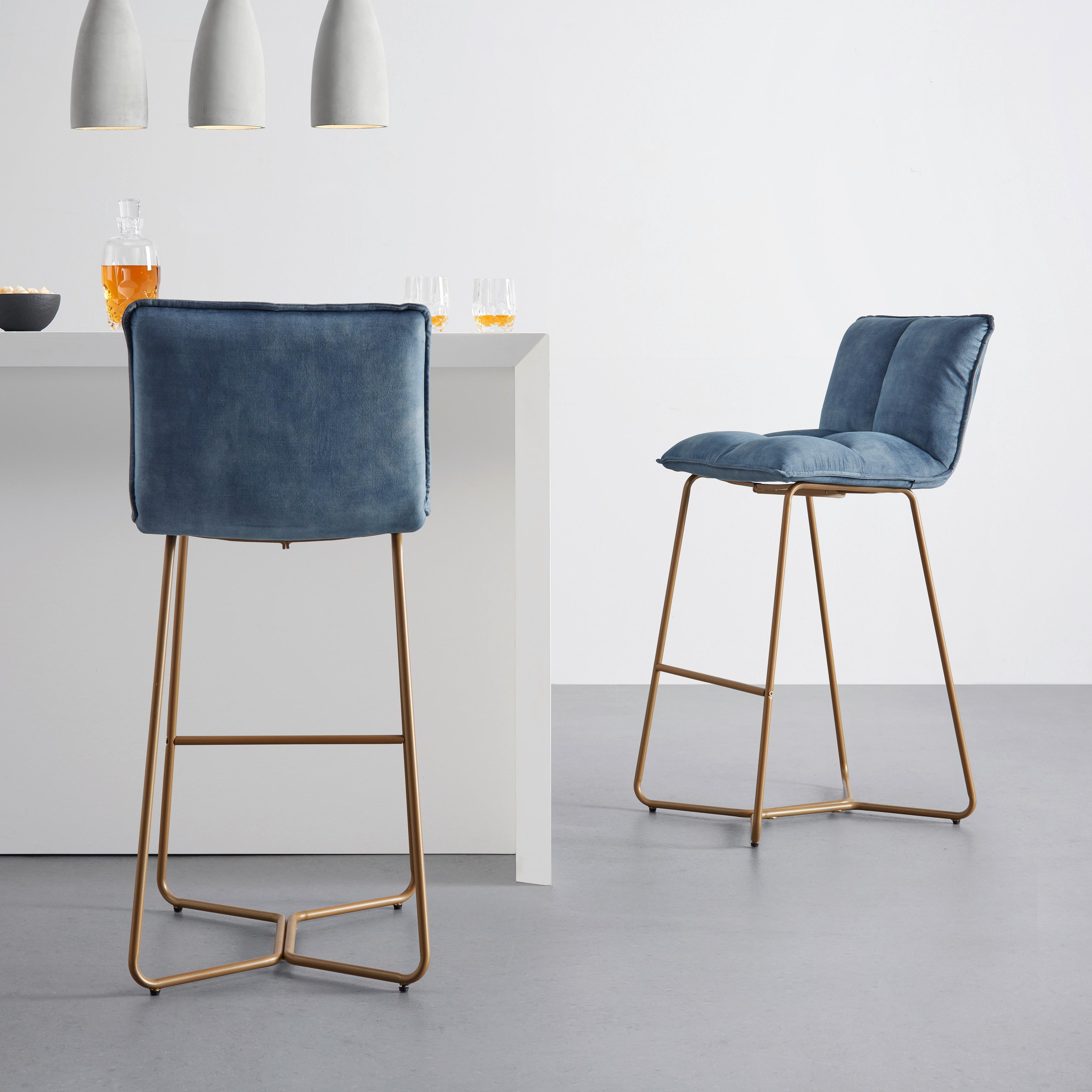 Barhocker Fonia Blau Samt Gepolstert - Blau/Goldfarben, MODERN, Holz/Textil (46/103,5/57cm) - Bessagi Home