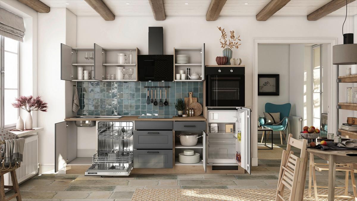 Kuhinjski Blok Z Aparati Romeo, Antracit, Barva Hrasta - črna/barve hrasta, Basics, kovina/leseni material (280cm) - FlexWell