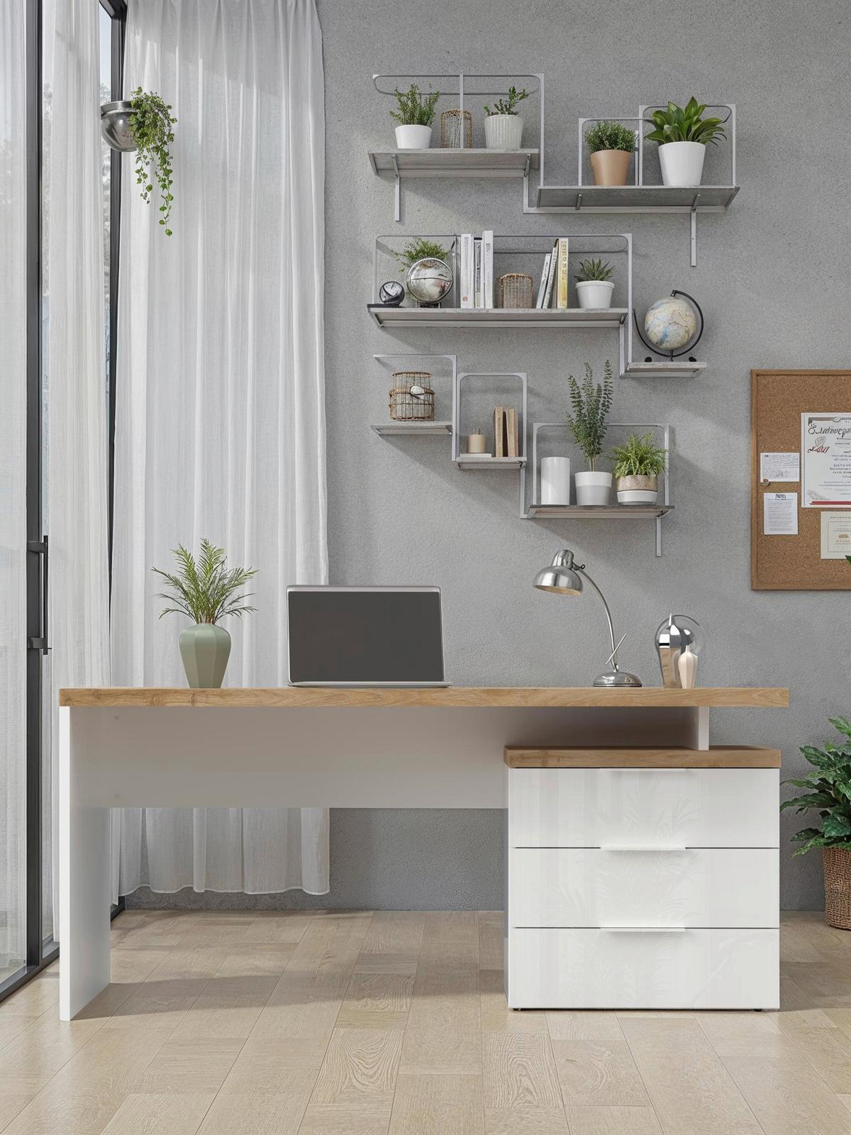 Schreibtisch Easy Office Eichefarben/Weiß Hochglanz - Eichefarben/Weiß Hochglanz, MODERN, Holzwerkstoff/Metall (160/75/68cm) - Based