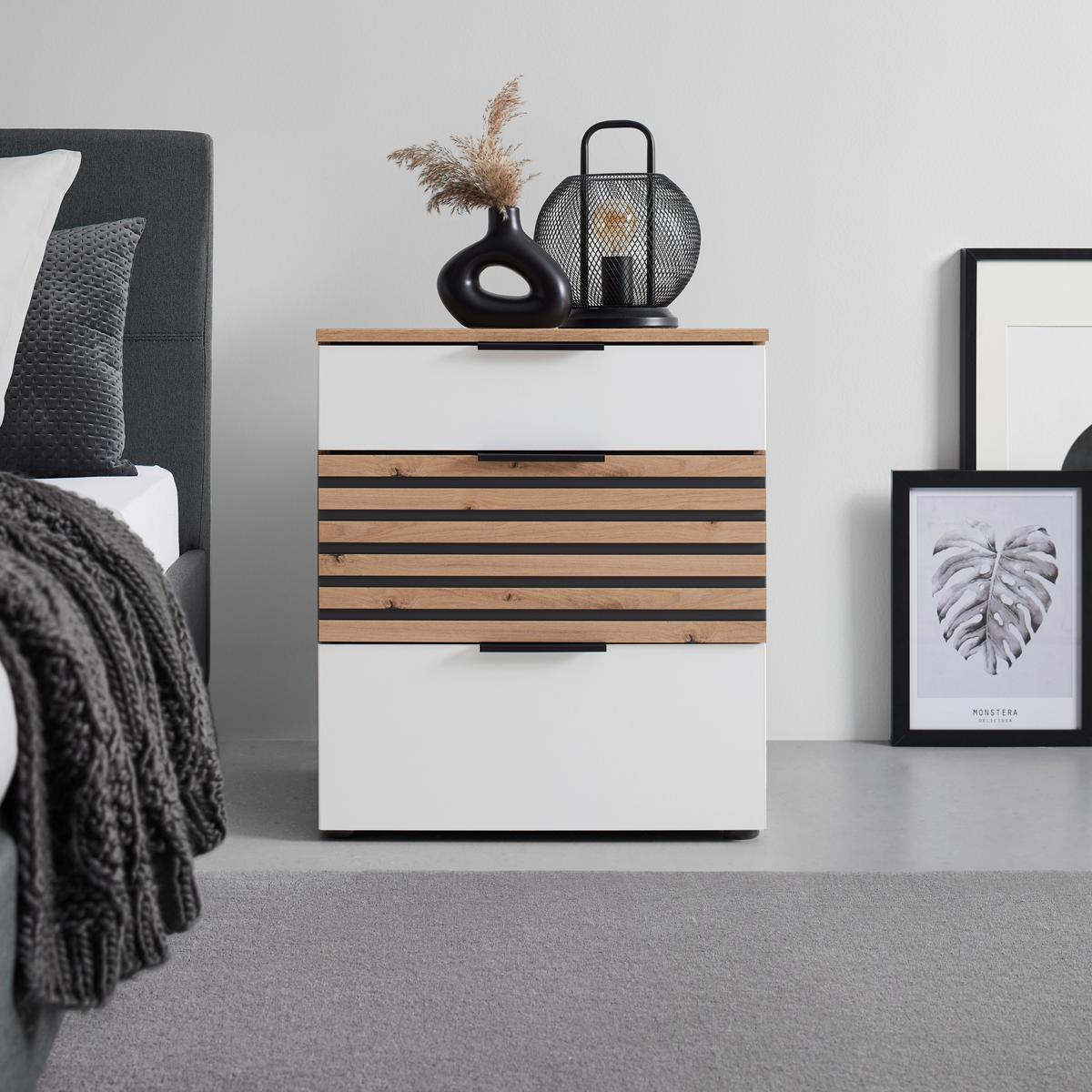 Nachtkästchen Leo Graphit/Weiß/Eiche Artisan - Schwarz/Graphitfarben, KONVENTIONELL, Holzwerkstoff/Kunststoff (54/61/41cm) - Premium Living