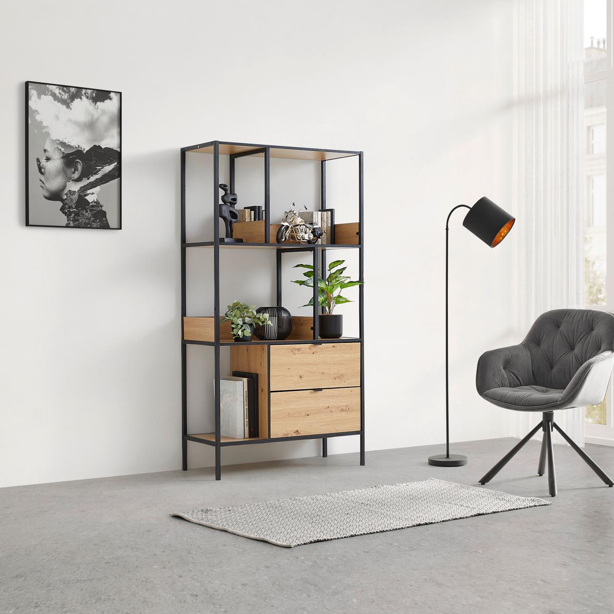 Regal Queens Naturfarben/Schwarz - Schwarz/Naturfarben, Modern, Holzwerkstoff/Metall (90/170/40cm) - Mömax