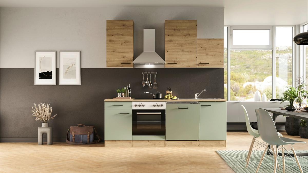 Kuhinjski Blok Cara, Zelena, Hrast - črna/zelena, Moderno, kovina/leseni material (220cm) - FlexWell