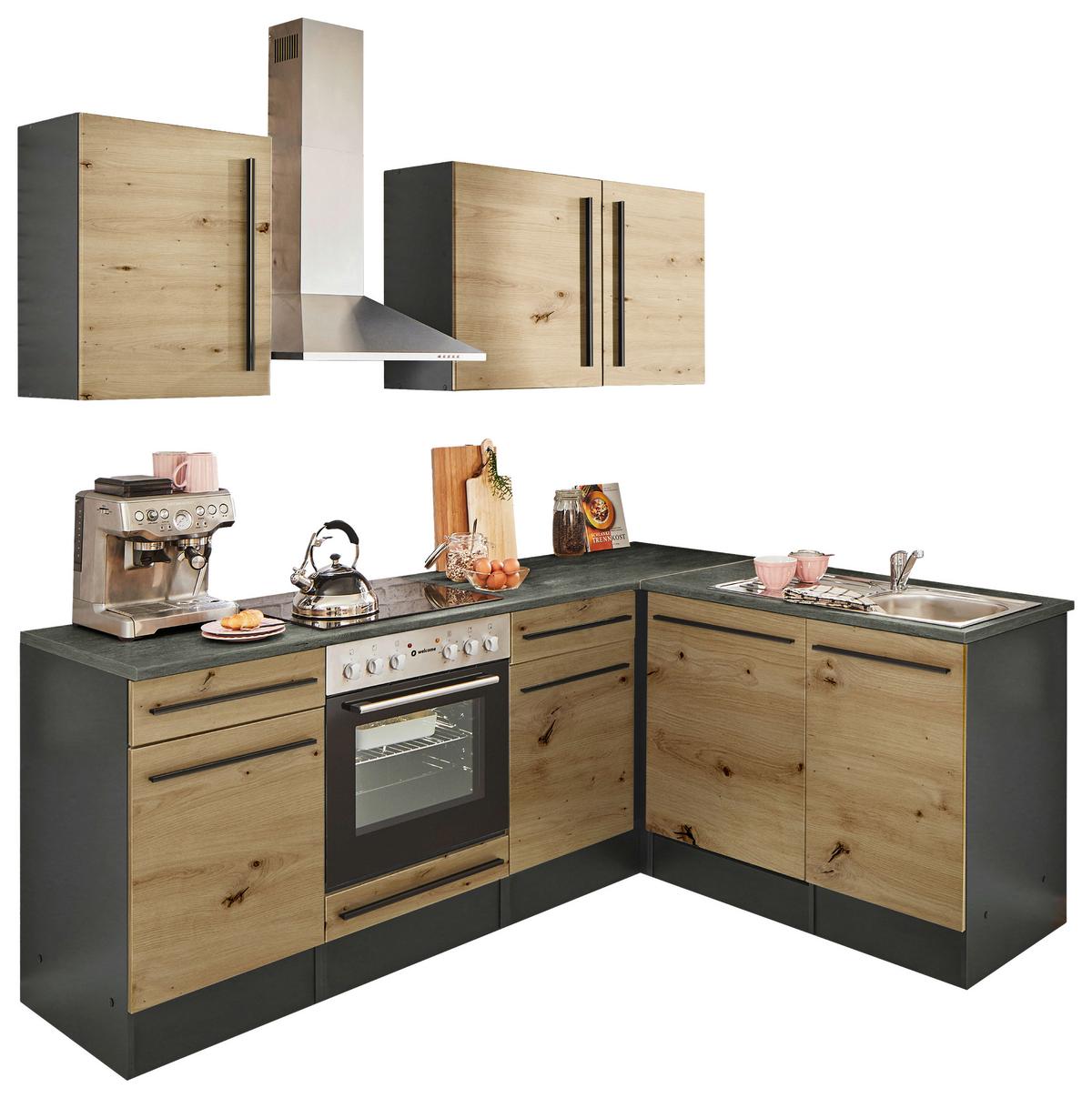 Eckküche Jazz mit Geräten ca.220x175cm Eiche/Anthrazit - Anthrazit/Schwarz, LIFESTYLE, Holzwerkstoff/Kunststoff (220/175cm) - P & B