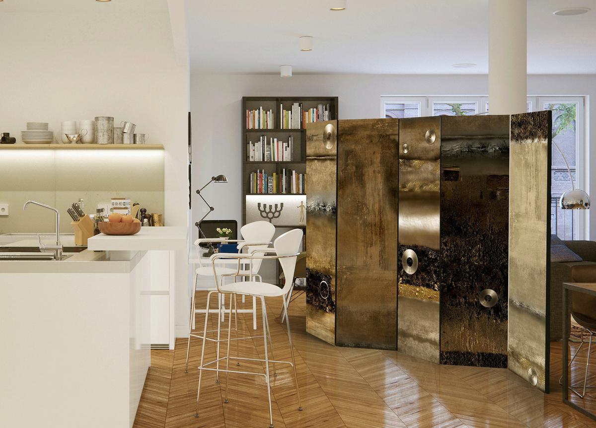 Paravan Metal Alliance I, 5-Delni, Dvostranski - svetlo rjava/rjava, Basics, tekstil/les (225/172/3cm) - artgeist