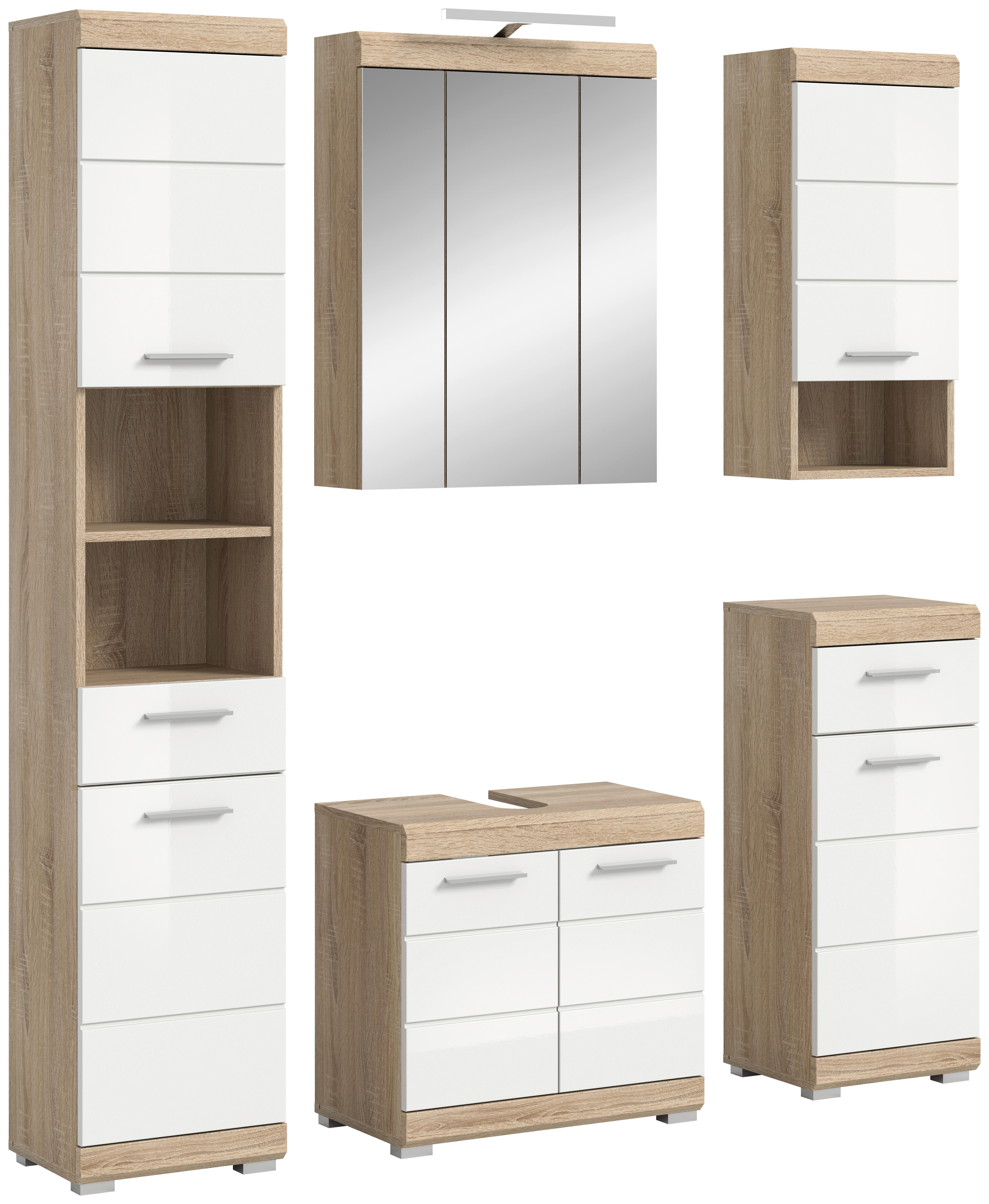 Kopalnica Lambada, Barva Hrasta, Bela, 5-Delna - srebrne barve/bela, Moderno, umetna masa/steklo (134cm) - MID.YOU