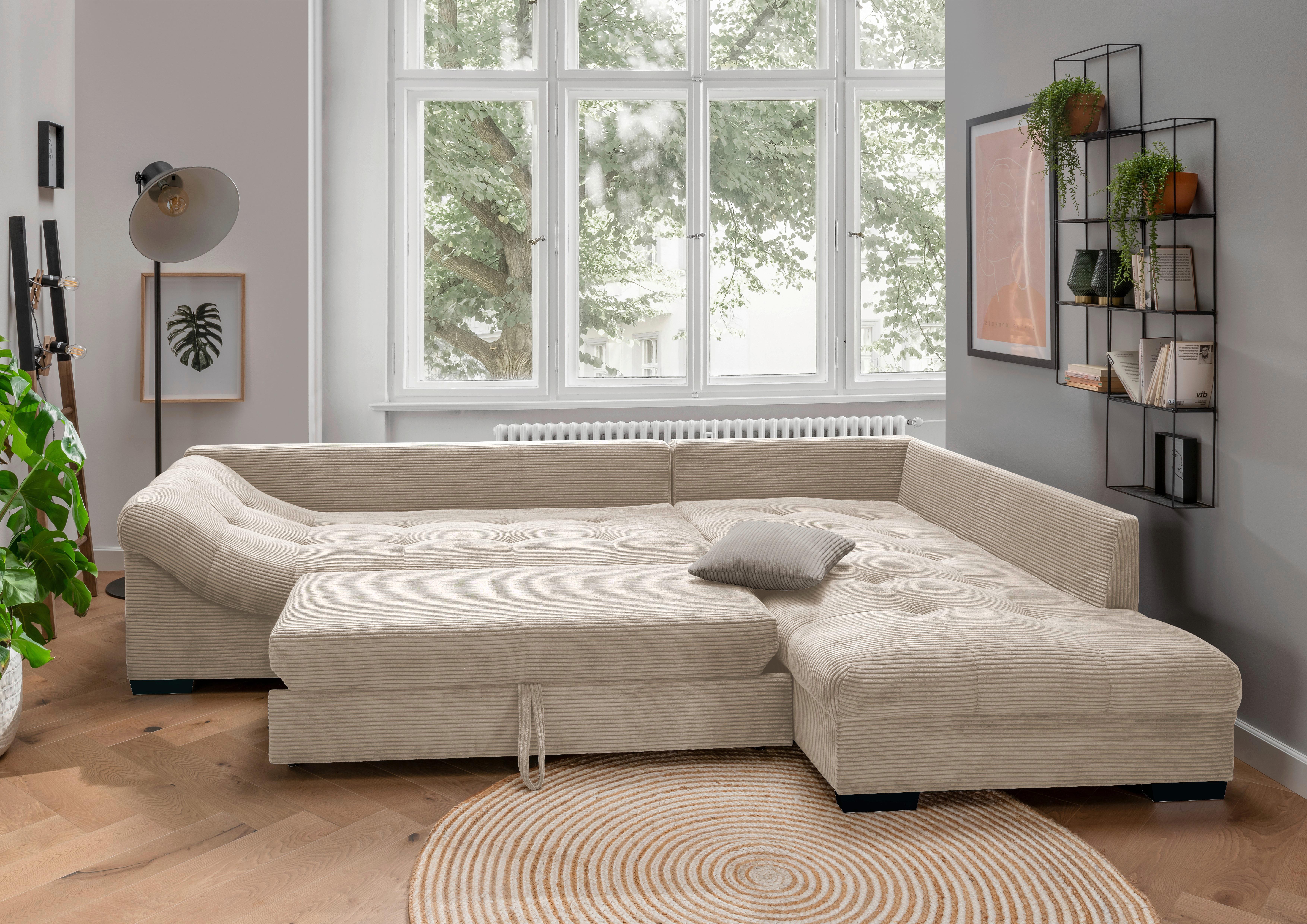 Wohnlandschaft Alvito Beige Cord - Beige/Schwarz, Design, Holz/Textil (298/202cm) - MID.YOU