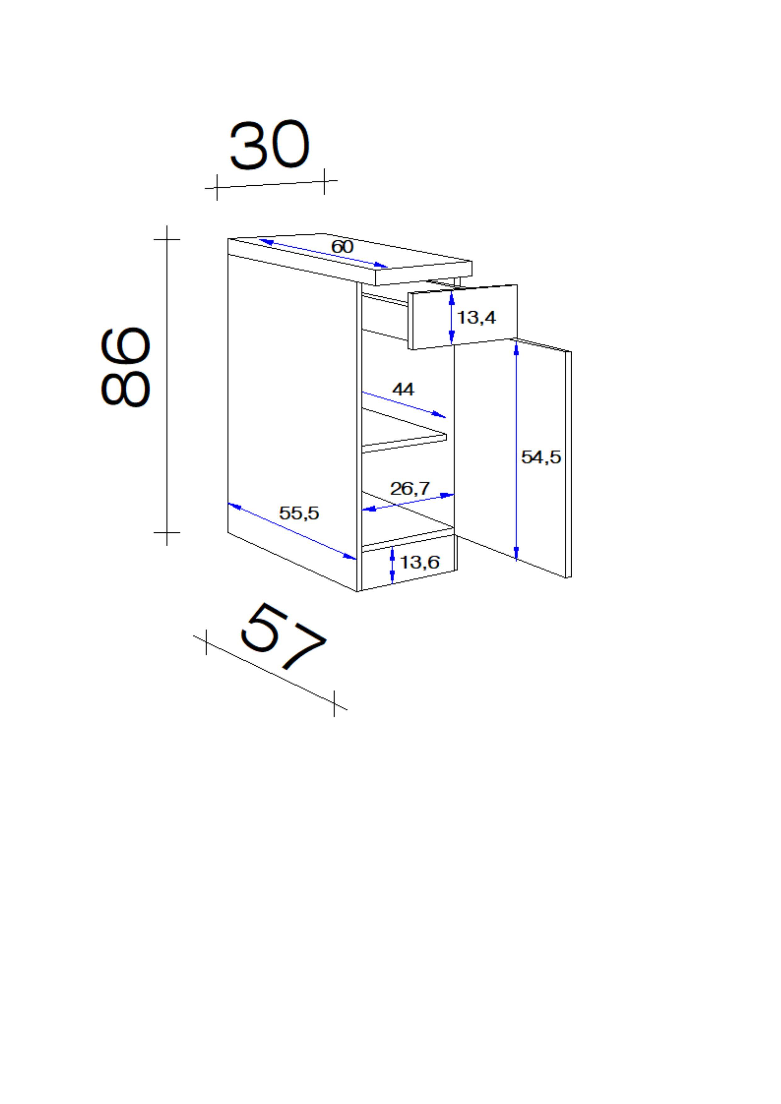 Küchenunterschrank Weiß - Edelstahlfarben/Weiß, MODERN, Holzwerkstoff/Metall (30/86/60cm) - FlexWell