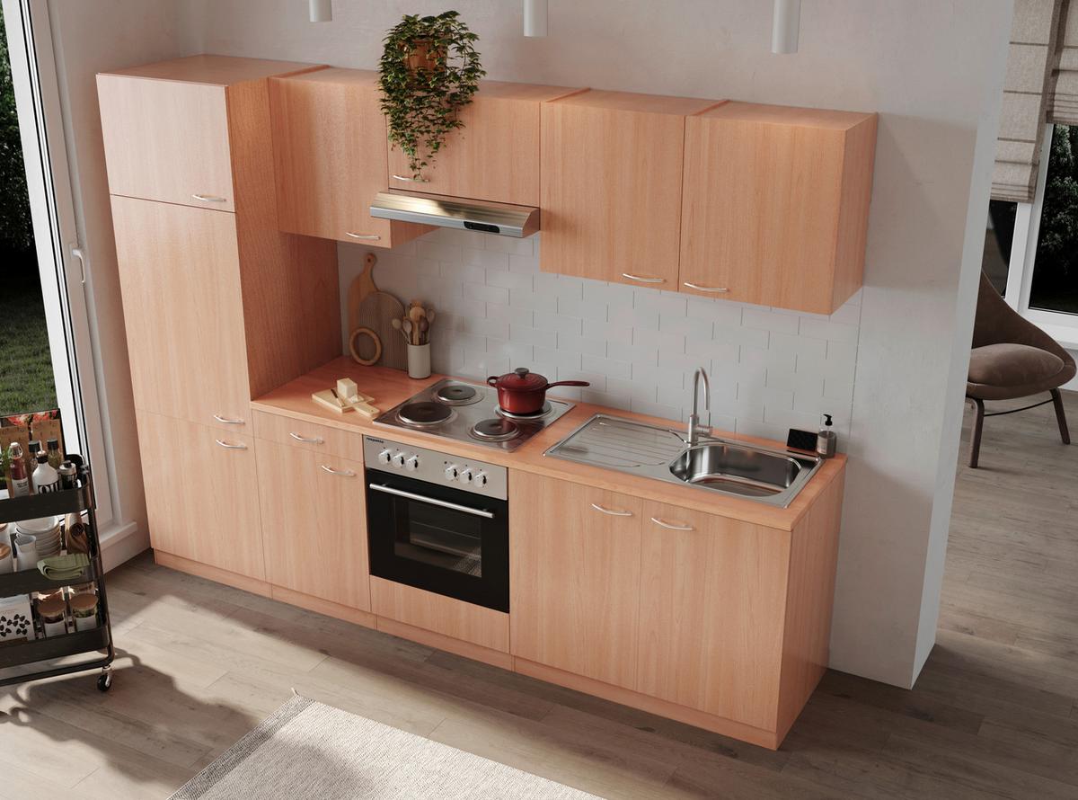 Küchenblock Gerda mit Geräten ca. 270 cm Buchefarben - Buchefarben/Alufarben, Basics, Holzwerkstoff/Kunststoff (270cm) - Respekta