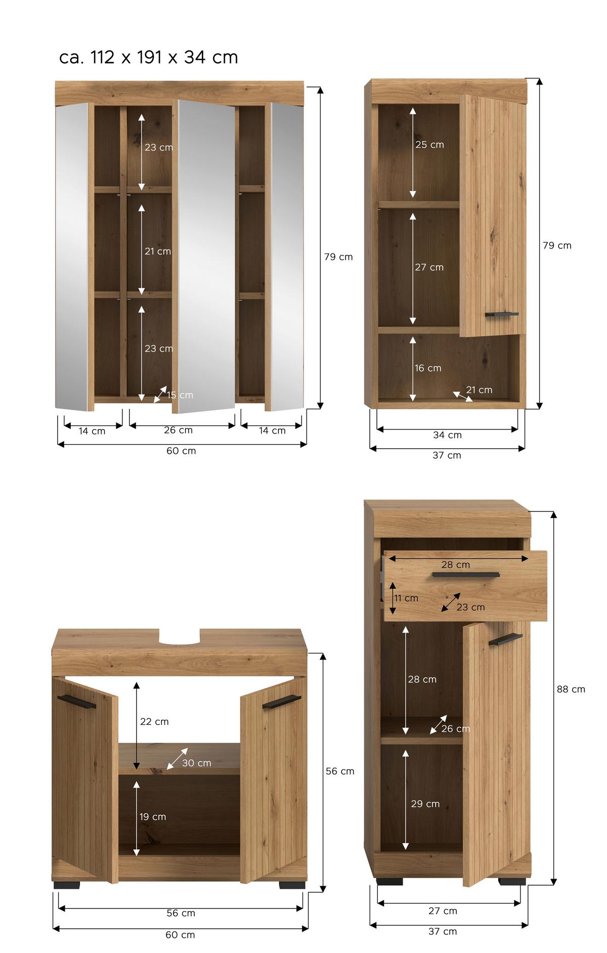 Badezimmer Scout Eiche Artisan 4-teilig - Schwarz/Eiche Artisan, Trend, Glas/Holzwerkstoff (97cm) - MID.YOU