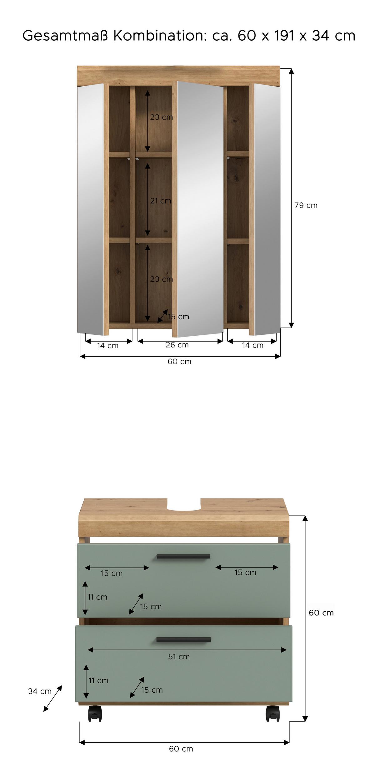 Badezimmer Scout Salbeigrün /Eiche Artisan 2-teilig - Salbeigrün/Schwarz, Trend, Glas/Holzwerkstoff (60cm) - MID.YOU