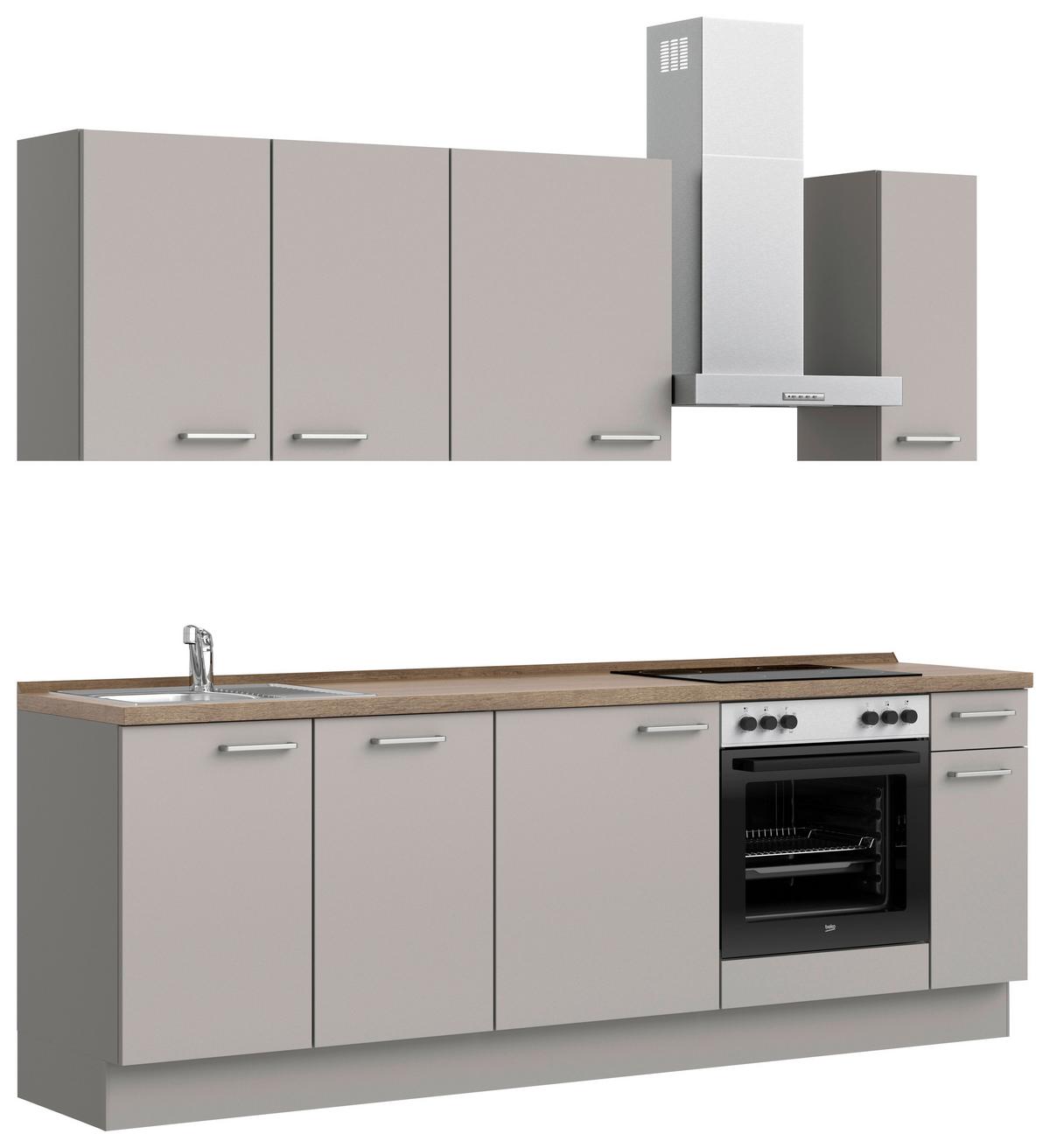 Küchenblock Touch Low m. Geräten Grau - Eiche dunkel/Edelstahlfarben, MODERN, Holzwerkstoff/Metall (240cm) - Nobilia